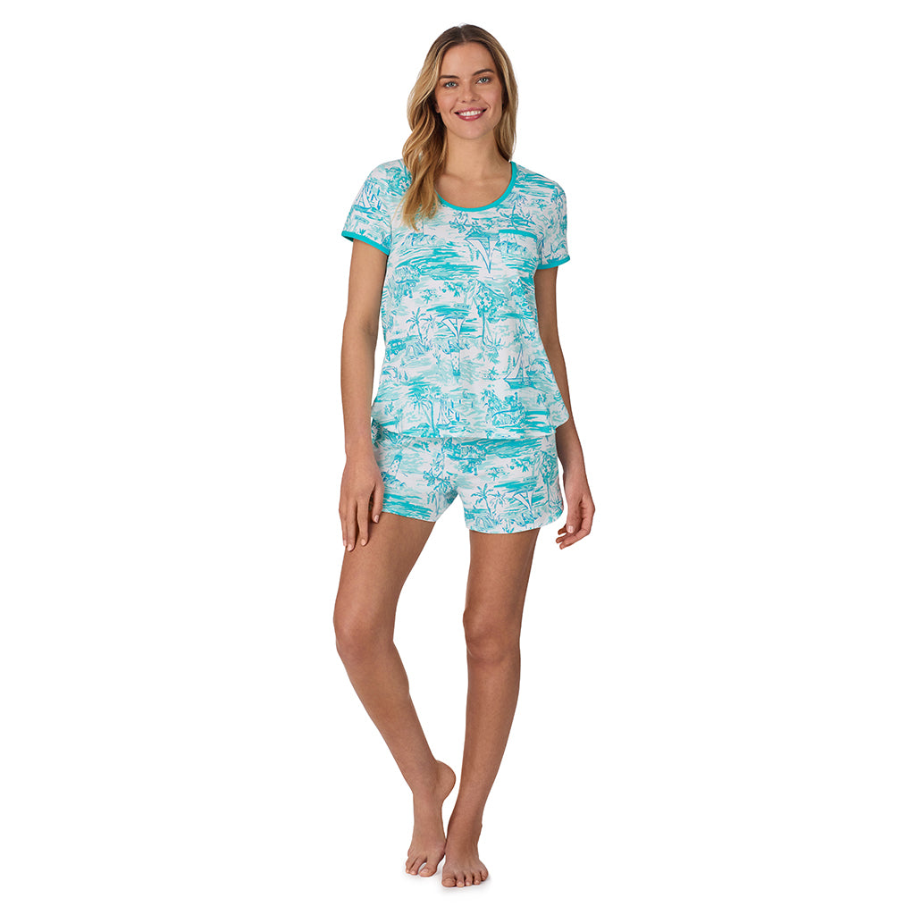 Summer Scene;Model is wearing size S. She is 5’10”, Bust 34”, Waist 26", Hips 38”.@ A lady wearing sleeve top with short pajama set with Summer Scene print