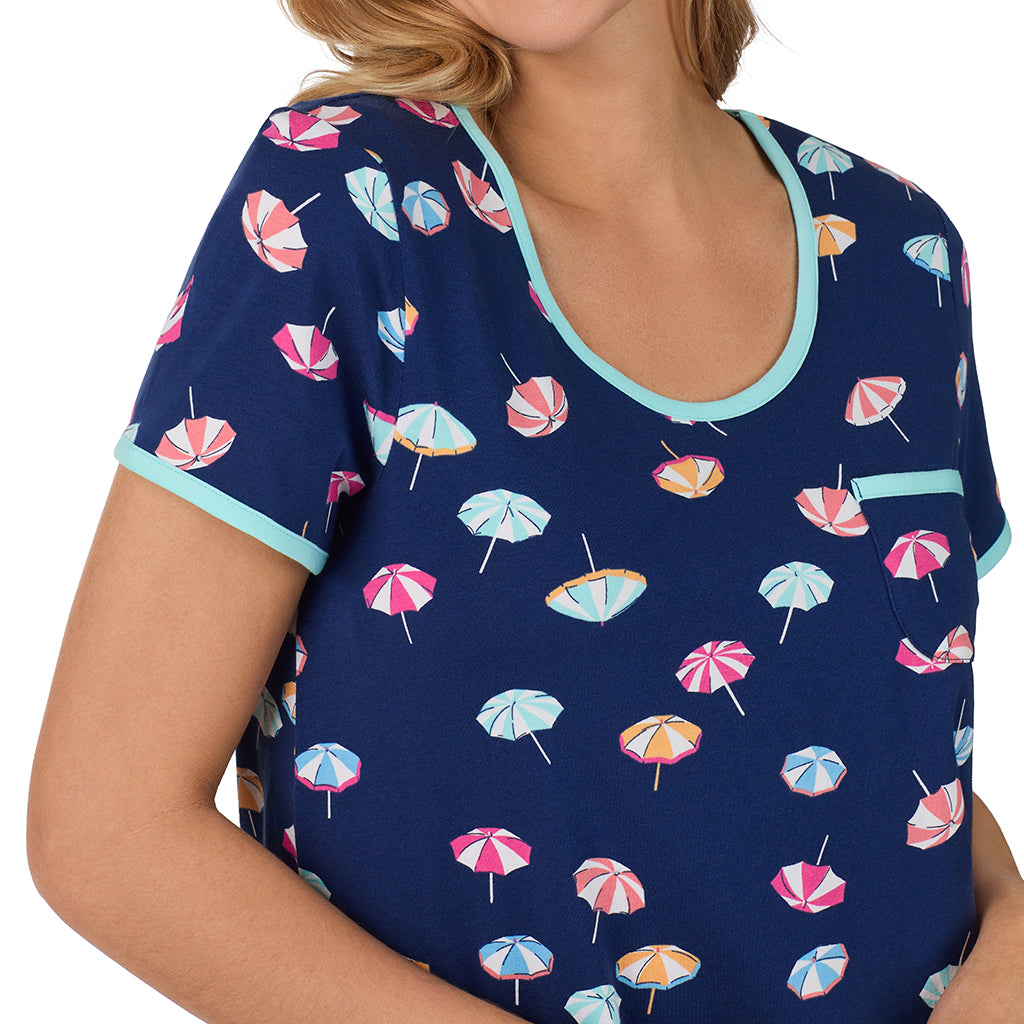 Umbrella;Model is wearing size S. She is 5’10”, Bust 34”, Waist 26", Hips 38”.@ A lady wearing blue short sleeve top with short pajama set with umbrella print