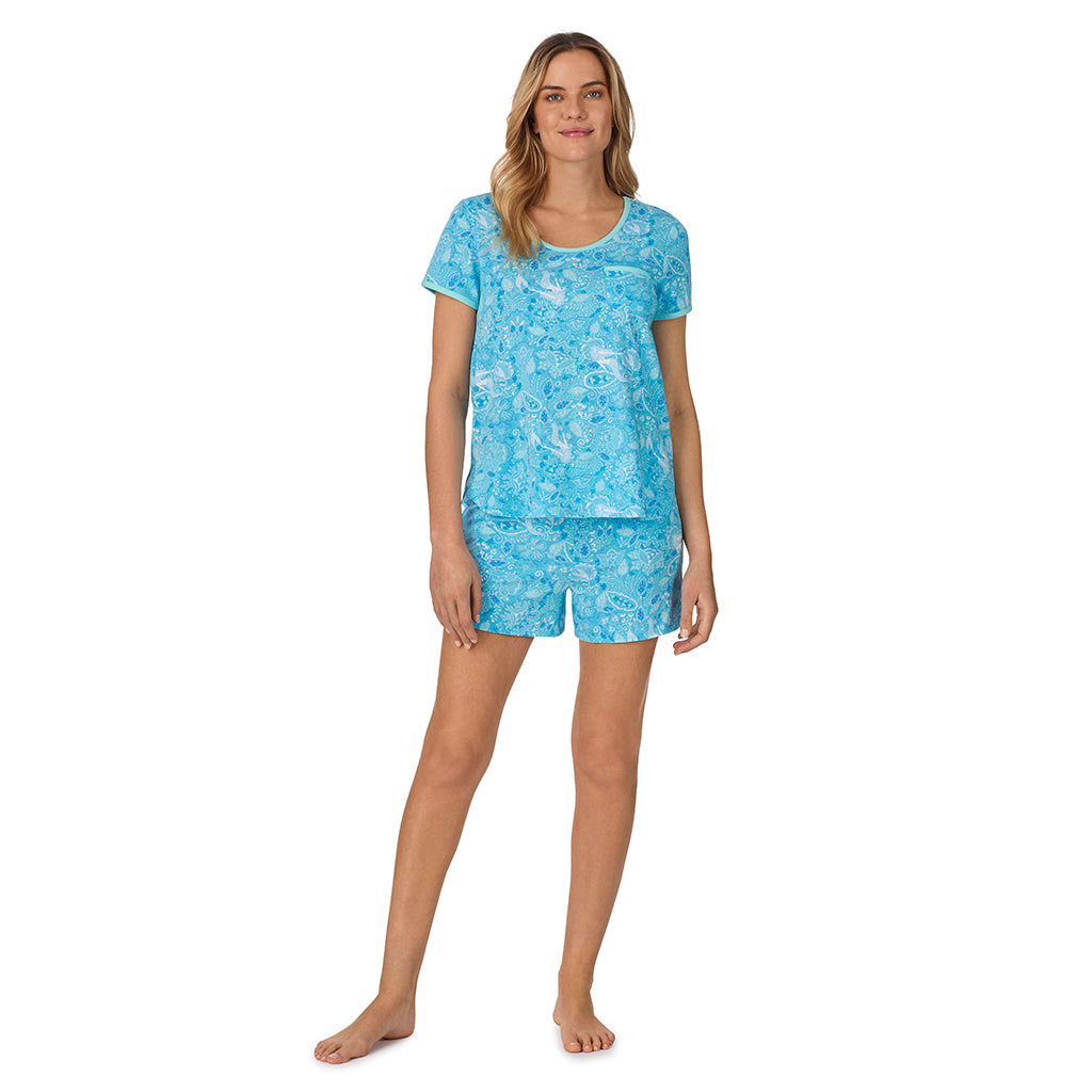 Mermaid Floral;Model is wearing size S. She is 5’10”, Bust 34”, Waist 26", Hips 38”.@ A lady wearing blue short sleeve top with short pajama set with Mermaid Floral print