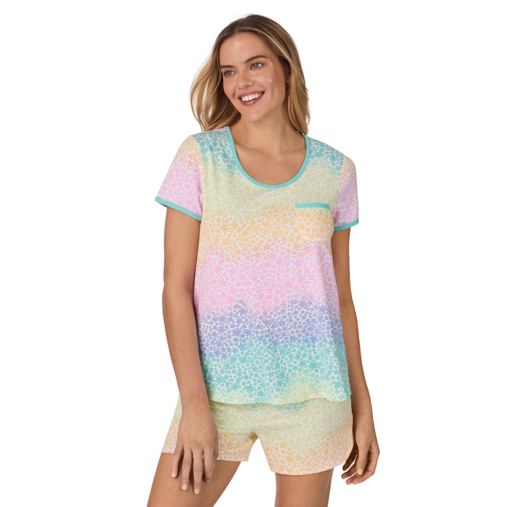 Rainbow Star;Model is wearing size S. She is 5’10”, Bust 34”, Waist 26", Hips 38”.@ A lady wearing sleeve top with short pajama set with rainbow star print