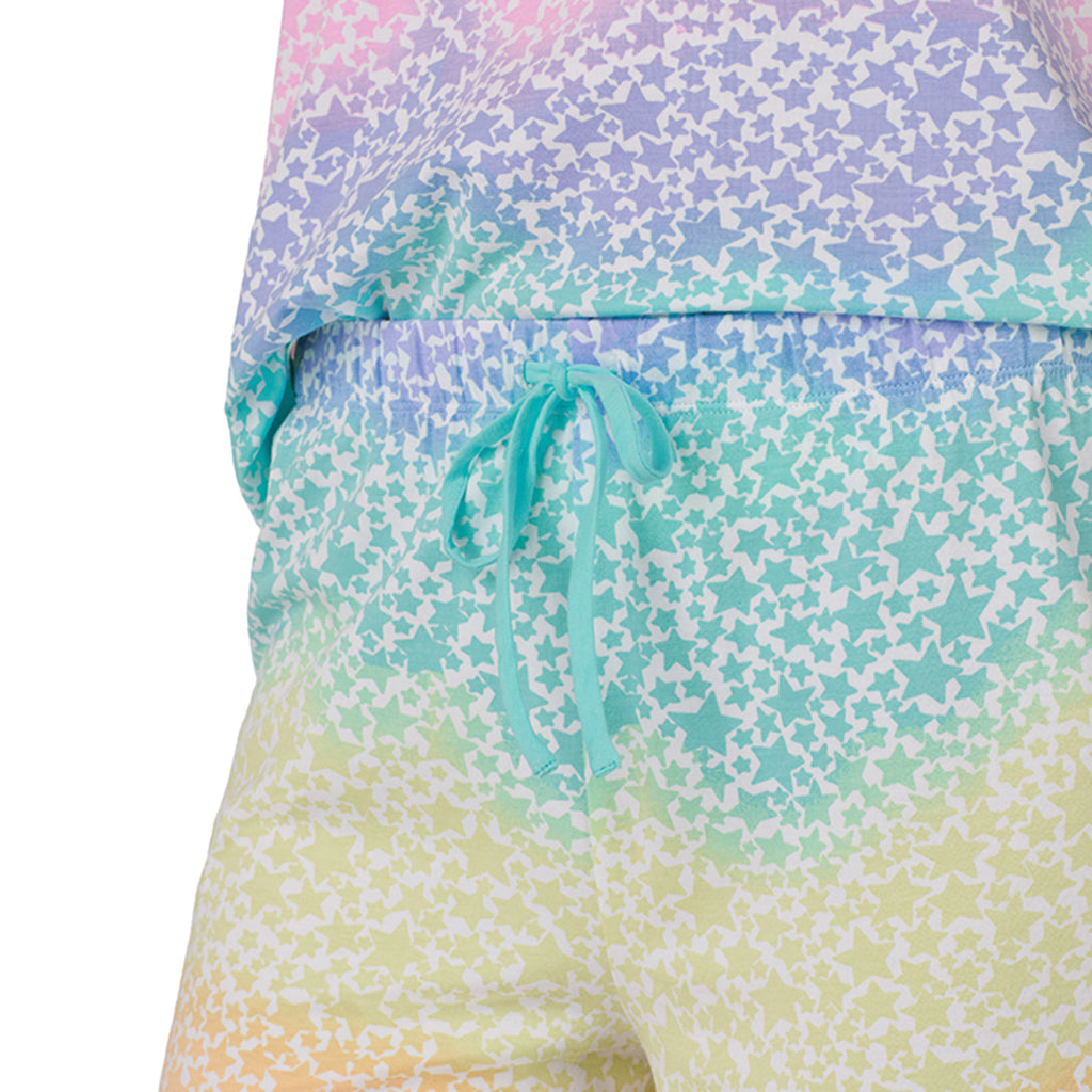 Rainbow Star;Model is wearing size S. She is 5’10”, Bust 34”, Waist 26", Hips 38”.@ A lady wearing sleeve top with short pajama set with rainbow star print