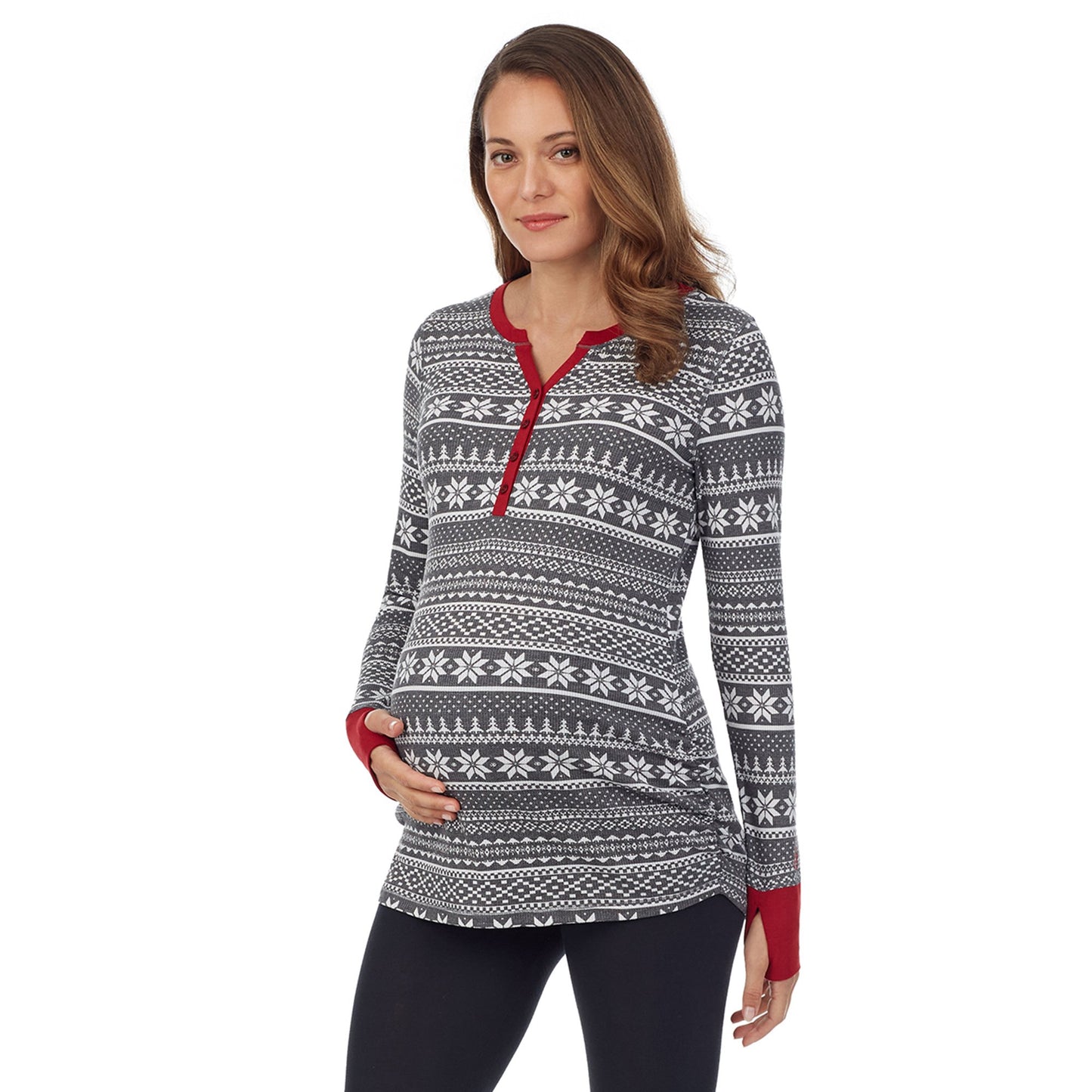 Grey Fairisle;Model is wearing a size S. She is 5’10”, Bust 34”, Waist 34”, Hips 40”.@Model is wearing a maternity bump.#Model is wearing a maternity bump.