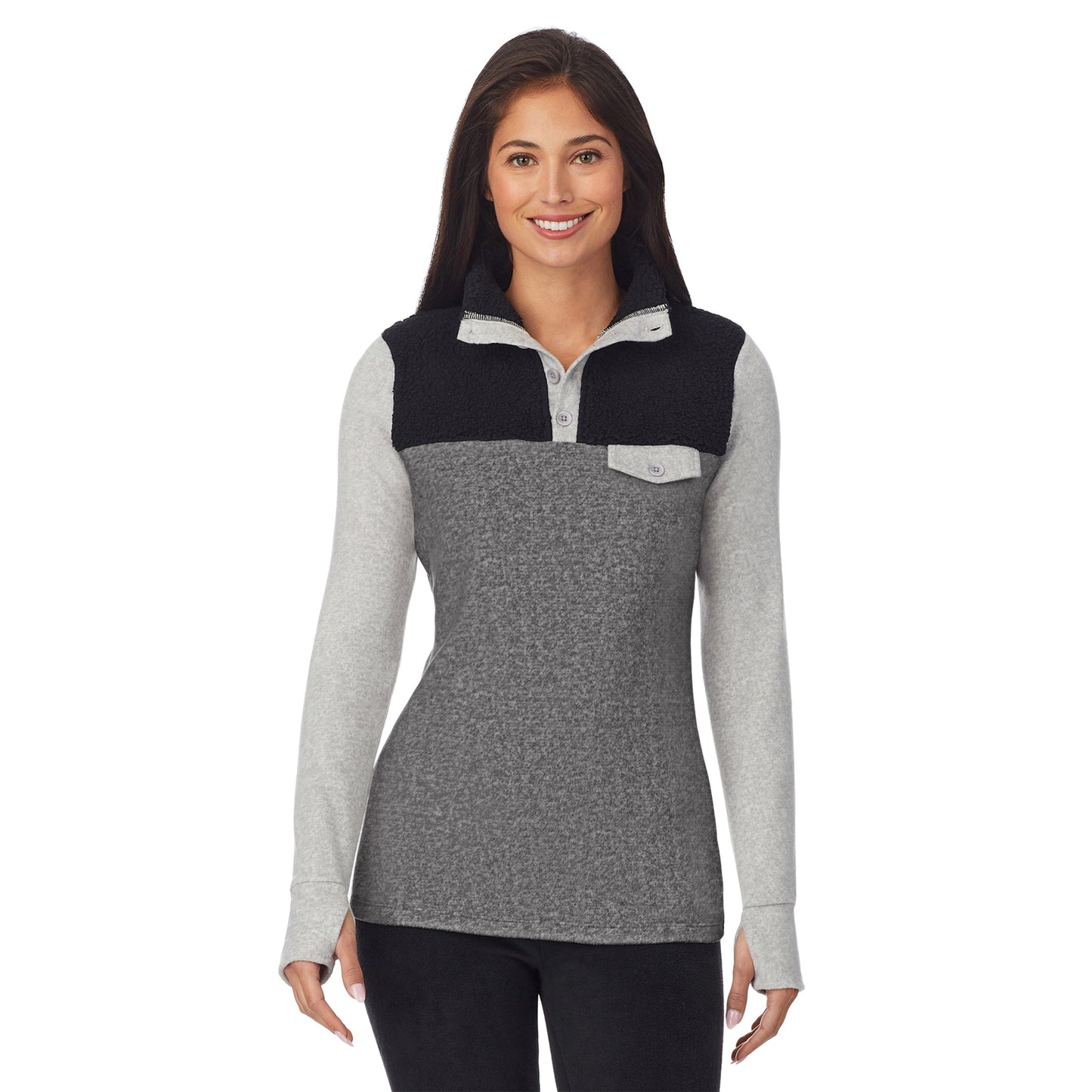 Charcoal Heather; Model is wearing size S. She is 5'8.5", Bust 32", Waist 25", Hips 36".@upper body of a lady wearing Charcoal Heather long sleeve mixed media mock !59% Polyester, 35% Recycled Polyester, 6% Spandex!