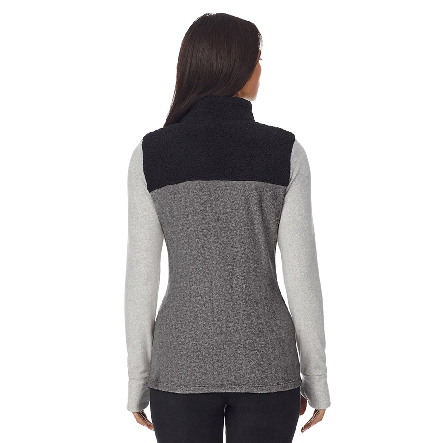 Charcoal Heather; Model is wearing size S. She is 5'8.5", Bust 32", Waist 25", Hips 36".@upper body of a lady wearing Charcoal Heather long sleeve mixed media mock !59% Polyester, 35% Recycled Polyester, 6% Spandex!