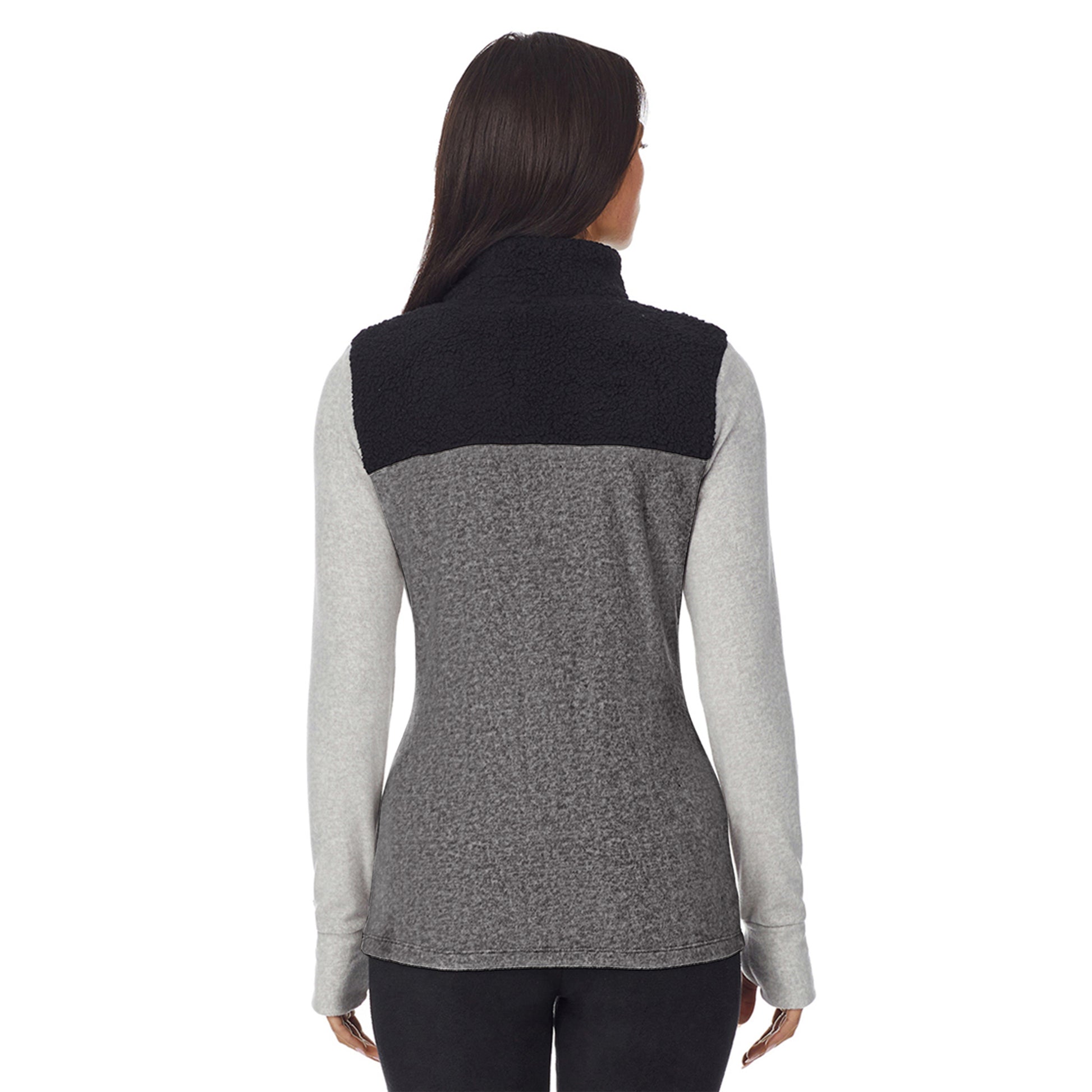 upper body of a lady wearing Charcoal Heather long sleeve mixed media mock