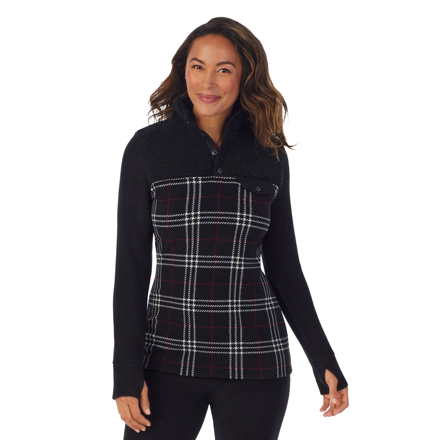 Black Plaid; Model is wearing size S. She is 5’8”, Bust 34”, Waist 24.5”, Hips 35”.@upper body of a lady wearing Black Plaid long sleeve mixed media mock !59% Polyester, 35% Recycled Polyester, 6% Spandex!