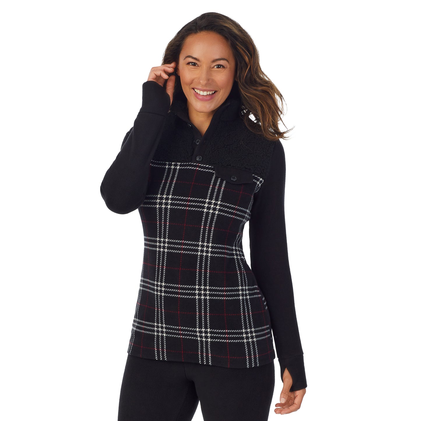 Black Plaid; Model is wearing size S. She is 5’8”, Bust 34”, Waist 24.5”, Hips 35”.@upper body of a lady wearing Black Plaid long sleeve mixed media mock !59% Polyester, 35% Recycled Polyester, 6% Spandex!