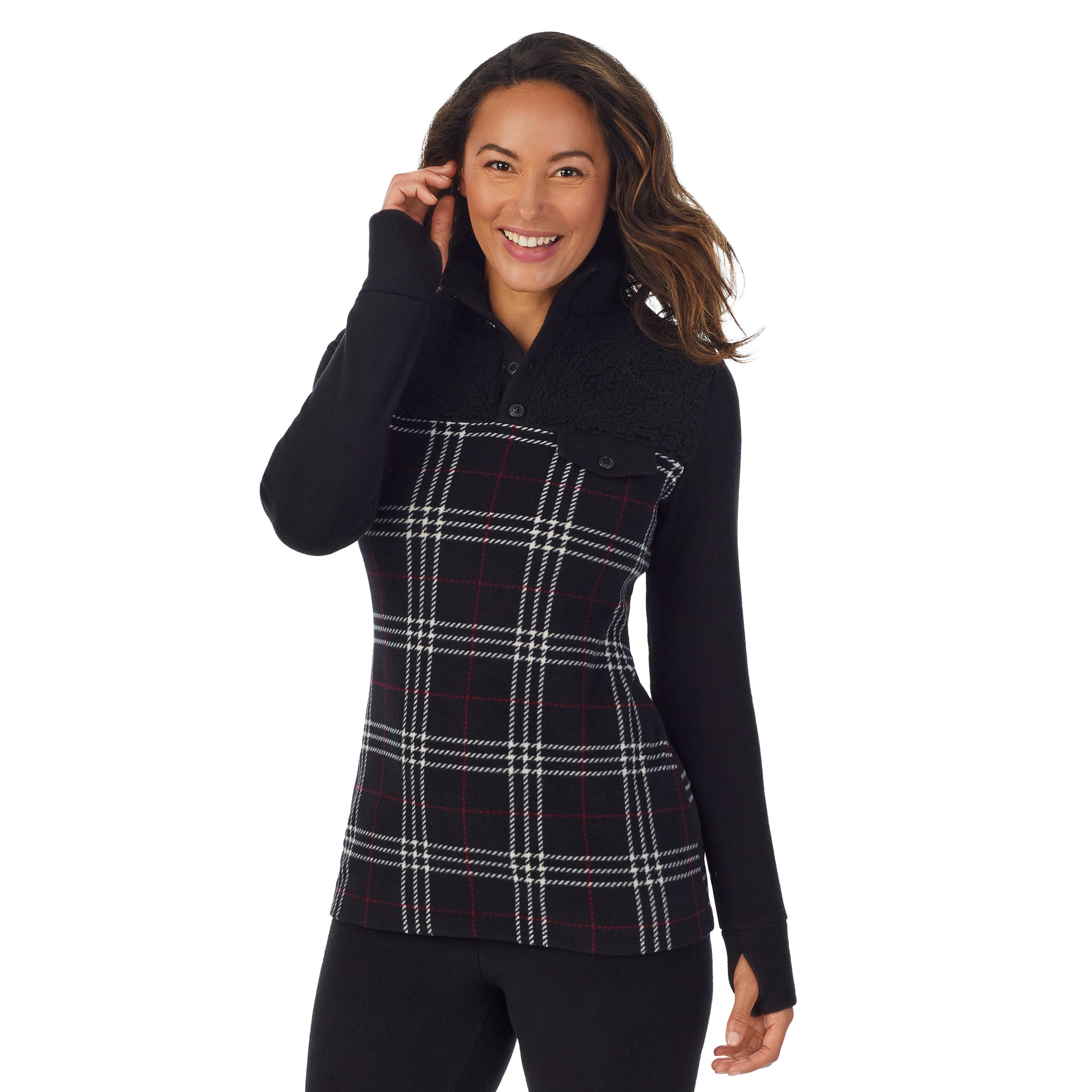 upper body of a lady wearing Black Plaid long sleeve mixed media mock