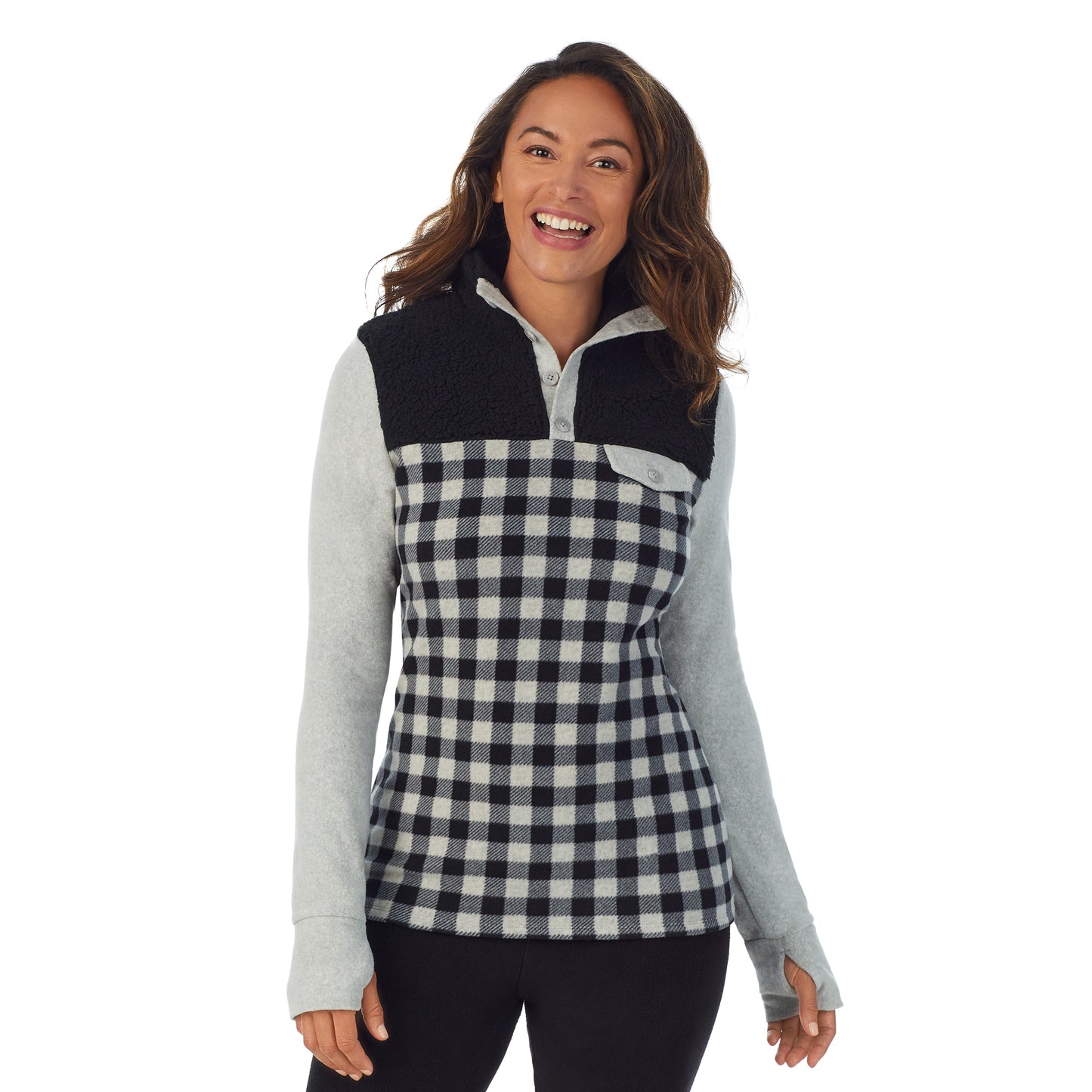 Grey Buffalo; Model is wearing size S. She is 5’8”, Bust 34”, Waist 24.5”, Hips 35”.@upper body of a lady wearing Grey Buffalo long sleeve mixed media mock !59% Polyester, 35% Recycled Polyester, 6% Spandex!