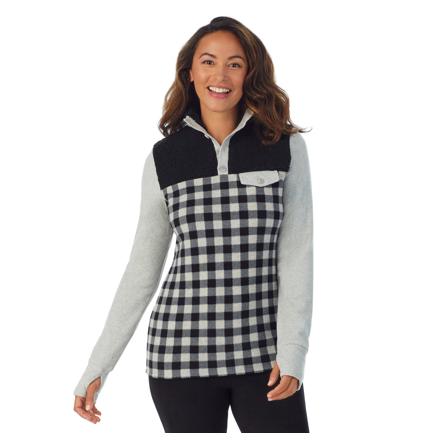 Grey Buffalo; Model is wearing size S. She is 5’8”, Bust 34”, Waist 24.5”, Hips 35”.@upper body of a lady wearing Grey Buffalo long sleeve mixed media mock !59% Polyester, 35% Recycled Polyester, 6% Spandex!