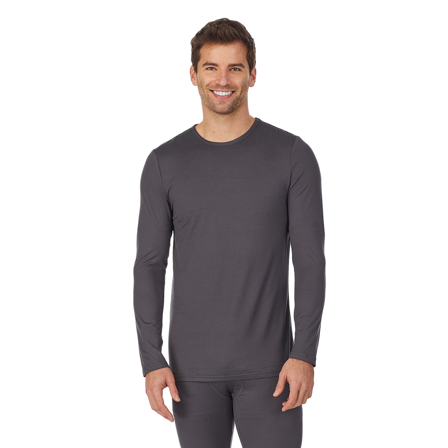 Charcoal;Model is wearing size M. He is 6'1", Waist 31", Inseam 33"@ A man wearing underscrub crew neck top