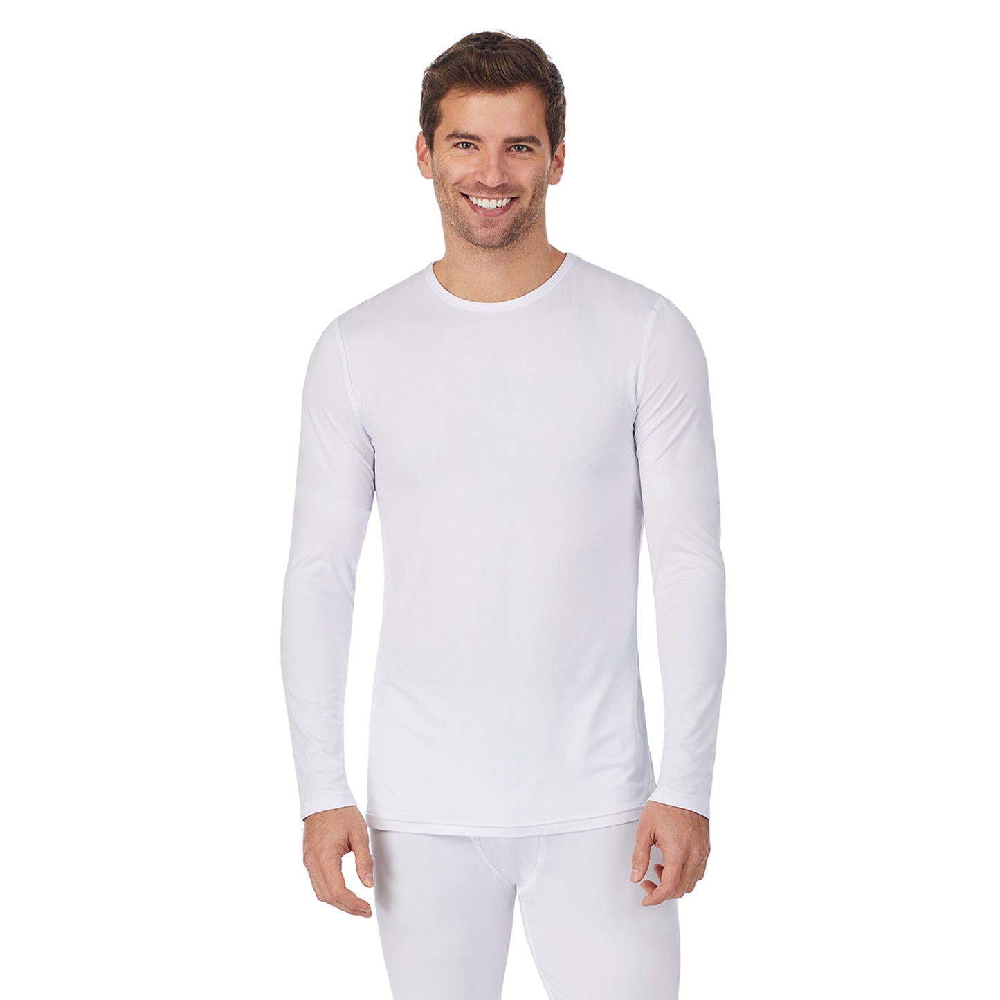 White;Model is wearing size M. He is 6'1", Waist 31", Inseam 33"@A man wearing underscrub crew neck top