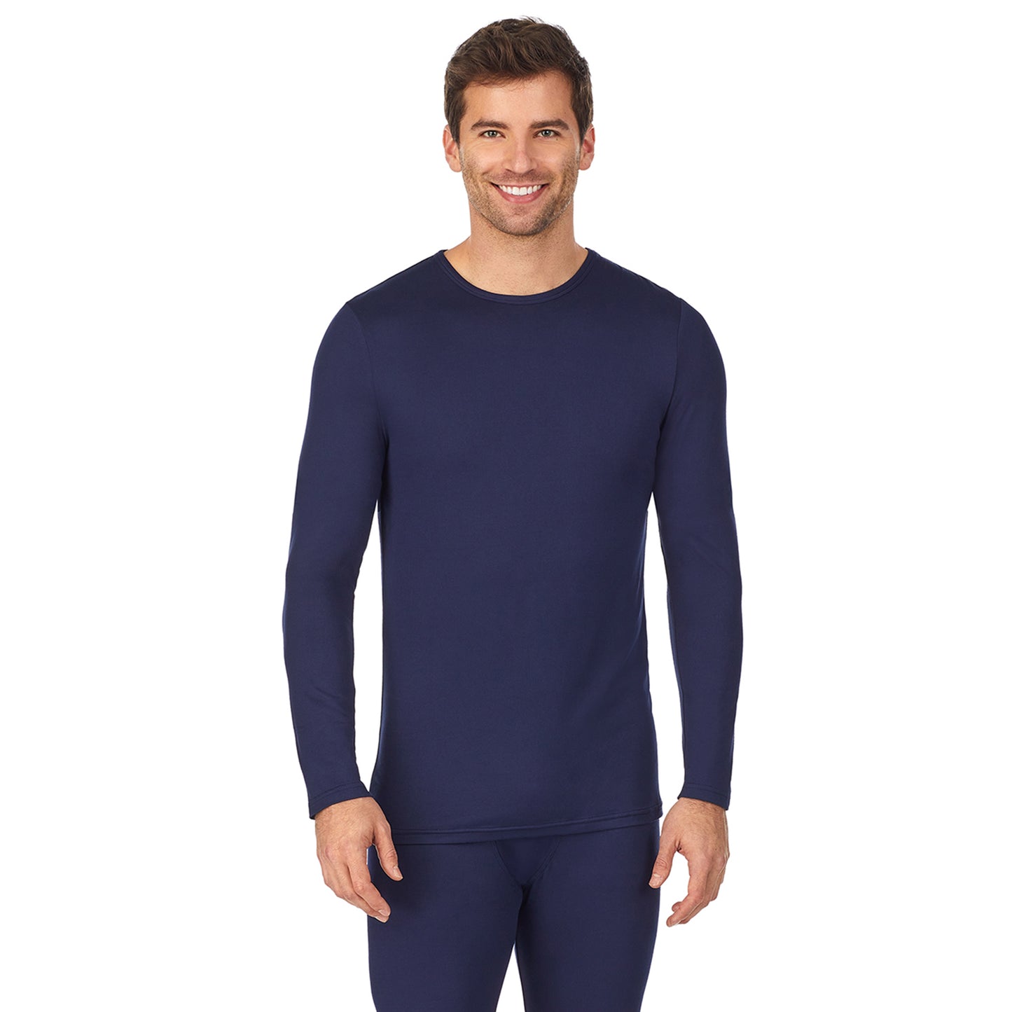 Navy; Model is wearing size M. He is 6'1", Waist 31", Inseam 33"@A man wearing underscrub crew neck top