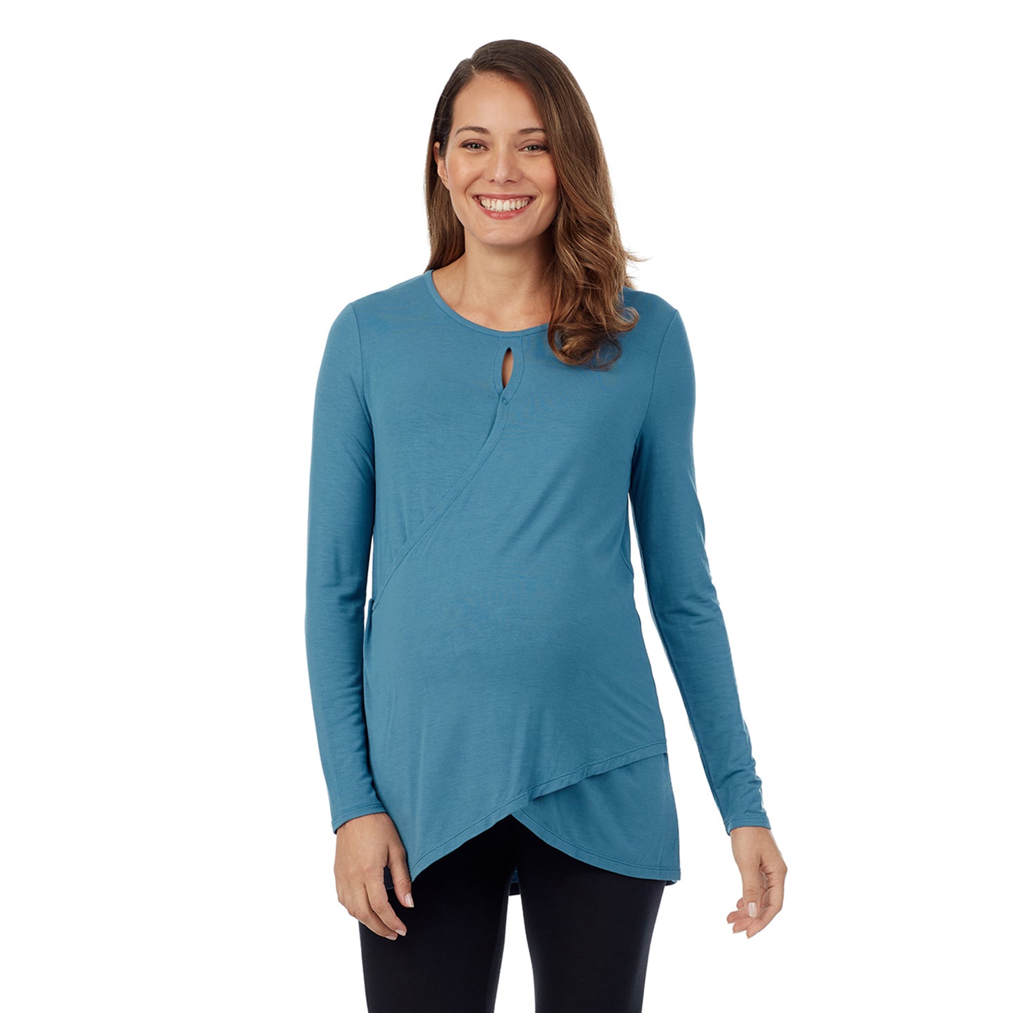 Vintage Blue;Model is wearing a size S. She is 5’10”, Bust 34”, Waist 26”, Hips 36”.@A lady wearing a bright coral long sleeve maternity wrap front top. #Model is wearing a maternity bump.