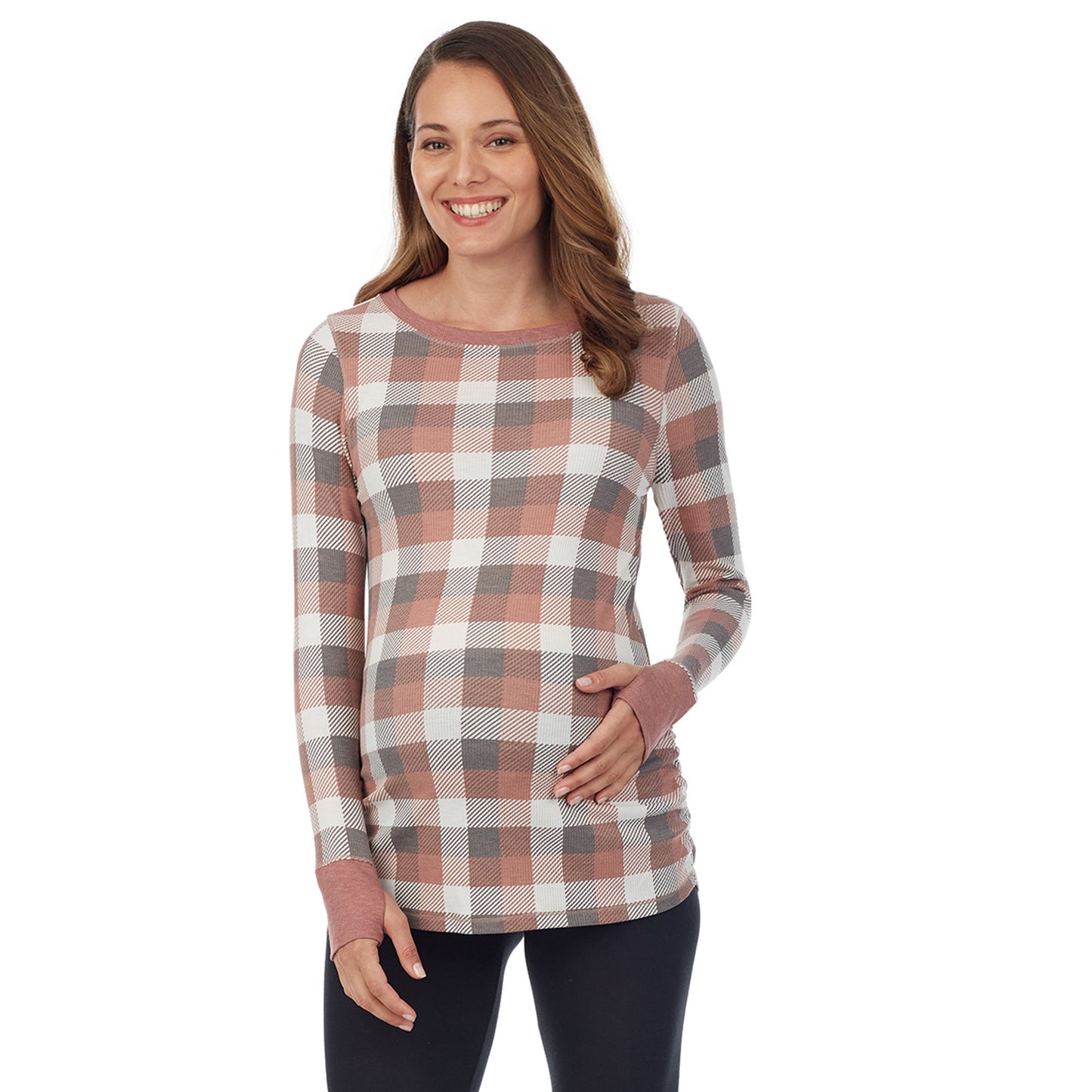 Taupe Grey Buffalo Check;Model is wearing a size S. She is 5’10”, Bust 34”, Waist 34”, Hips 40”.# Model is wearing a maternity bump.@ A lady wearingStretch Thermal Maternity Long Sleeve Ballet Neck Top with Taupe Grey Buffalo Check print