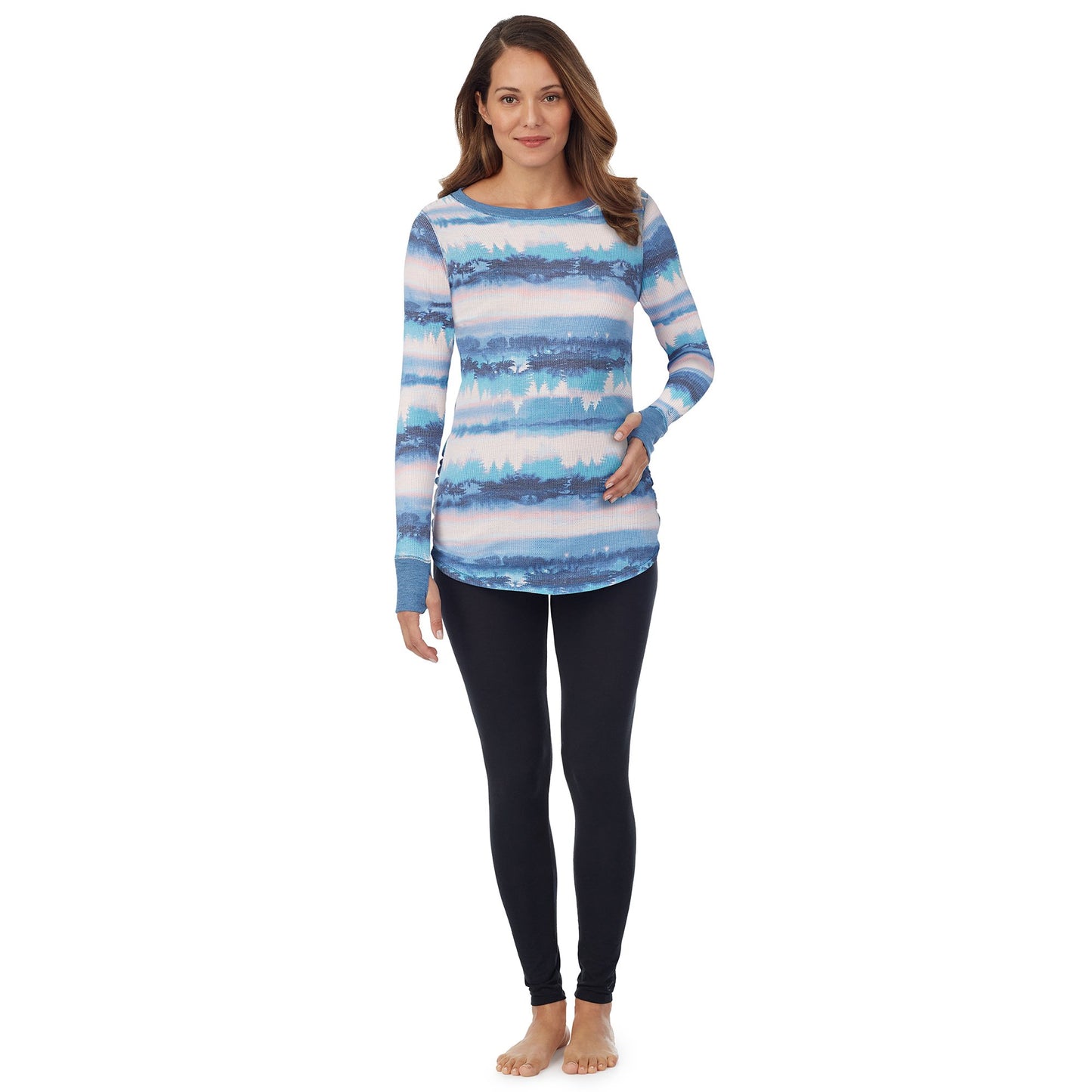 Woodland Lights;Model is wearing a size S. She is 5’10”, Bust 34”, Waist 34”, Hips 40”.# Model is wearing a maternity bump.@ A lady wearingStretch Thermal Maternity Long Sleeve Ballet Neck Top with Woodland Lights print