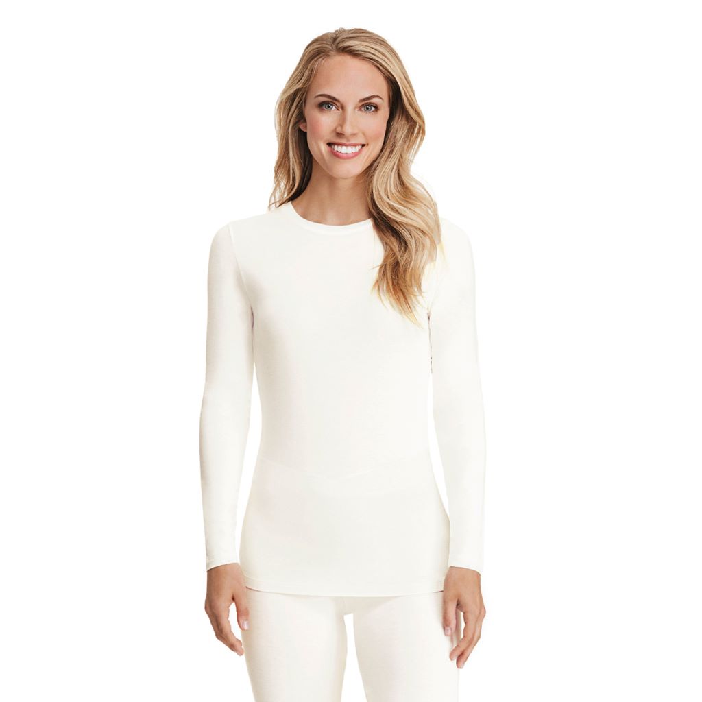 Ivory; Model is wearing size S. She is 5’9”, Bust 32”, Waist 25.5”, Hips 36”. @A lady wearing a ivory long sleeve stretch crew.