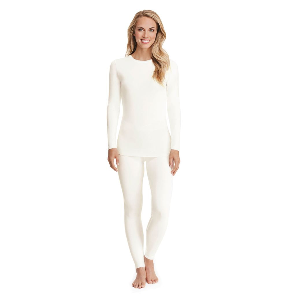 Ivory; Model is wearing size S. She is 5’9”, Bust 32”, Waist 25.5”, Hips 36”. @A lady wearing a ivory long sleeve stretch crew.