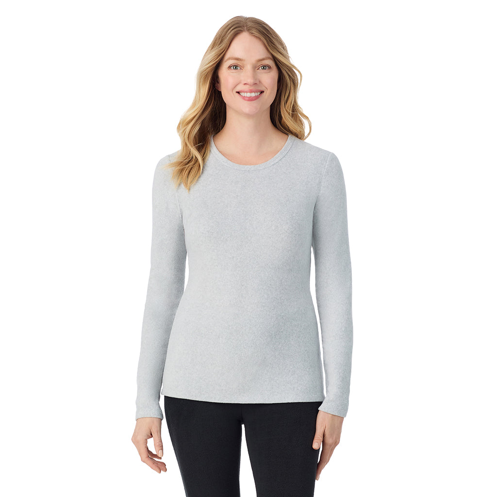 Lt Grey Heather; Model is wearing size S. She is 5'11", Bust 33", Waist 24", Hips 34".@ A Lady is wearing a Lt Grey Heather Fleecewear With Stretch Long Sleeve Crew TALL !94% Recycled Polyester, 6% Spandex!