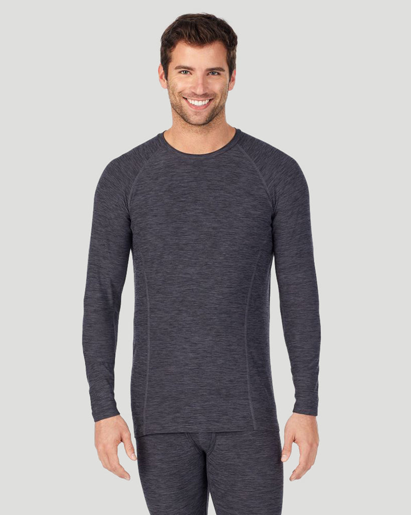 A man wearing grey long sleeve crew t-shirt !88% Polyester, 12% Spandex!