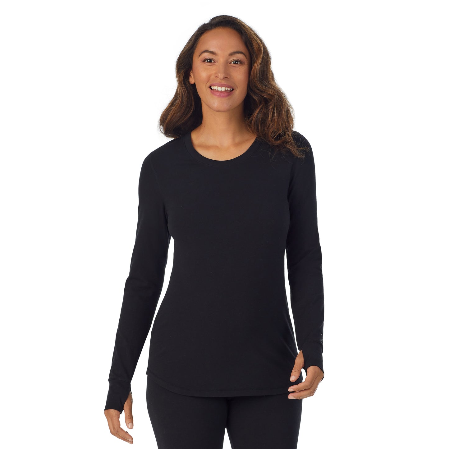 Black; Model is wearing size S. She is 5'8", Bust 34", Waist 26”, Hips 36".@A lady wearing black cottonwear long sleeve scoop neck
