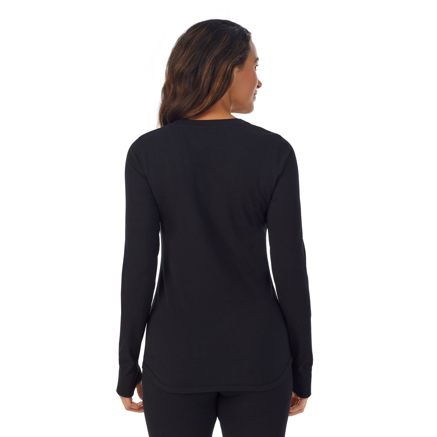Black; Model is wearing size S. She is 5'8", Bust 34", Waist 26”, Hips 36".@A lady wearing black cottonwear long sleeve scoop neck