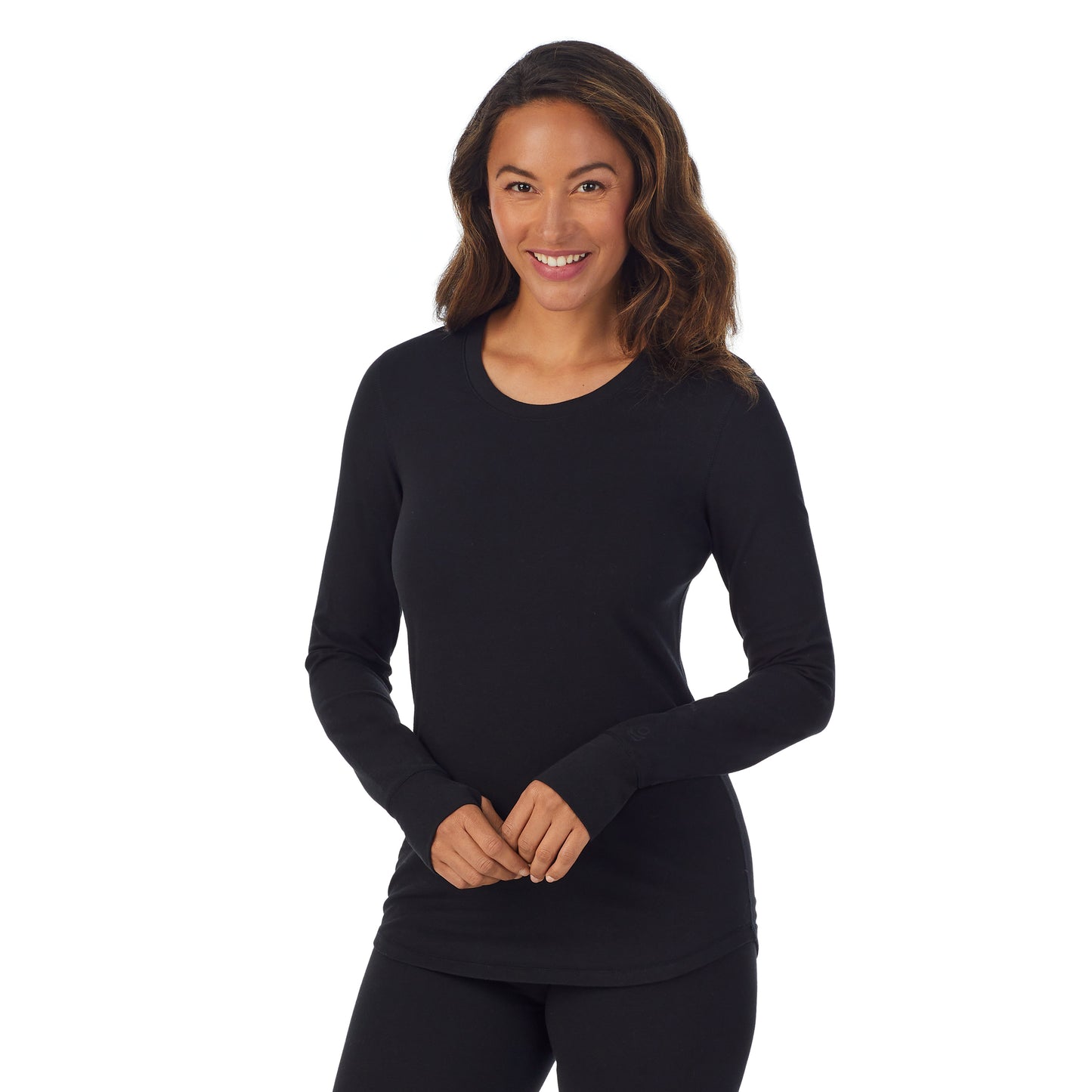 Black; Model is wearing size S. She is 5'8", Bust 34", Waist 26”, Hips 36".@A lady wearing black cottonwear long sleeve scoop neck