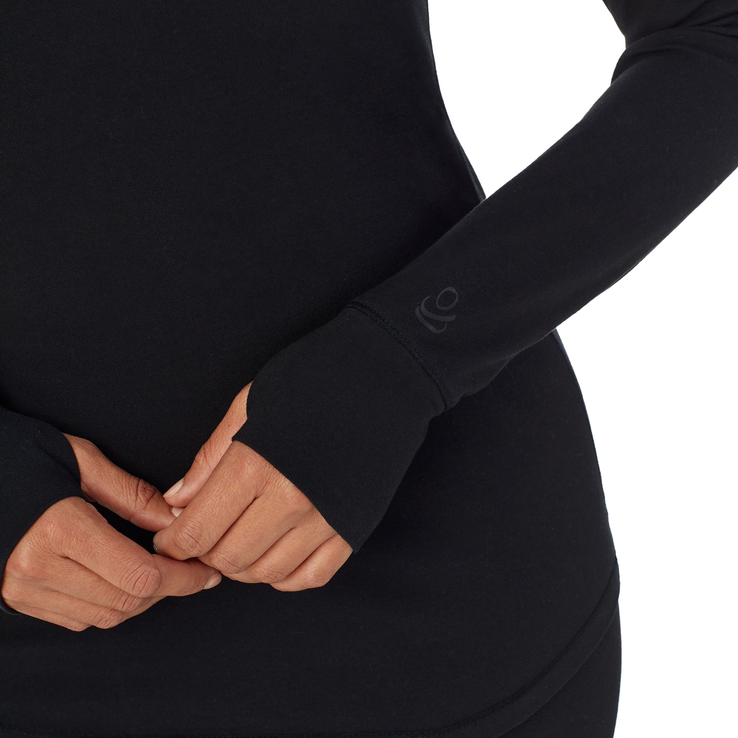 Black; Model is wearing size S. She is 5'8", Bust 34", Waist 26”, Hips 36".@A lady wearing black cottonwear long sleeve scoop neck