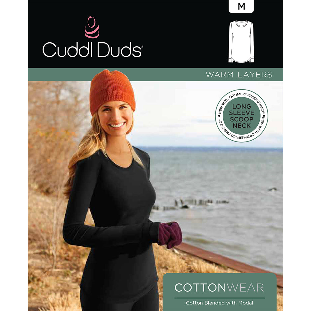 Black; Model is wearing size S. She is 5'8", Bust 34", Waist 26”, Hips 36".@A lady wearing black cottonwear long sleeve scoop neck