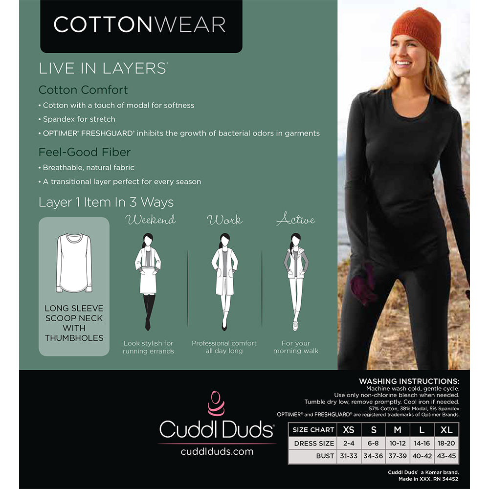 Black; Model is wearing size S. She is 5'8", Bust 34", Waist 26”, Hips 36".@A lady wearing black cottonwear long sleeve scoop neck