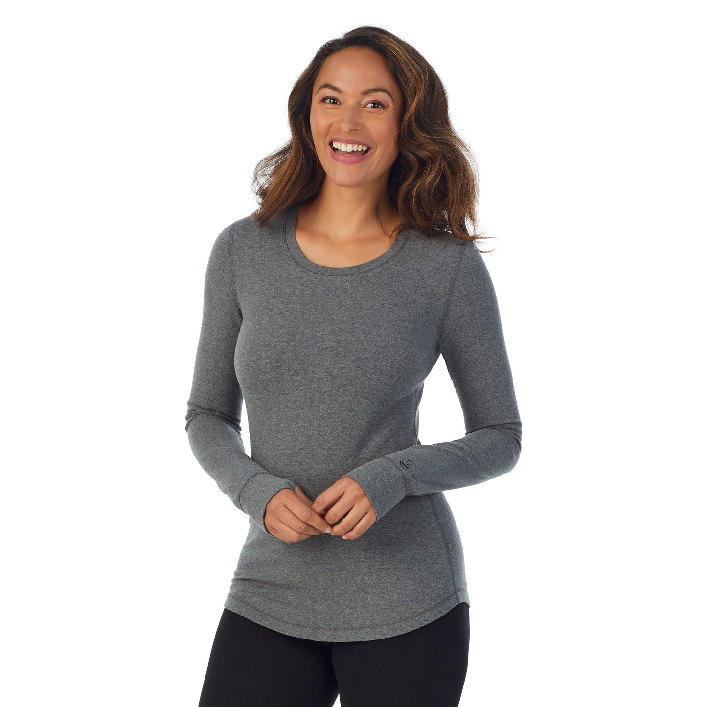 Dark Charcoal Heather; Model is wearing size S. She is 5'8", Bust 34", Waist 26”, Hips 36".@A lady wearing dark charcoal heather cottonwear long sleeve scoop neck