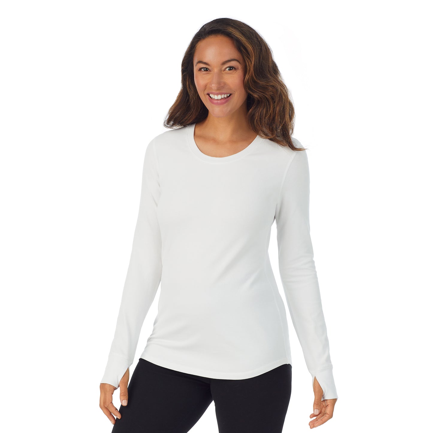 White; Model is wearing size S. She is 5'8", Bust 34", Waist 26”, Hips 36".@A lady wearing white cottonwear long sleeve scoop neck