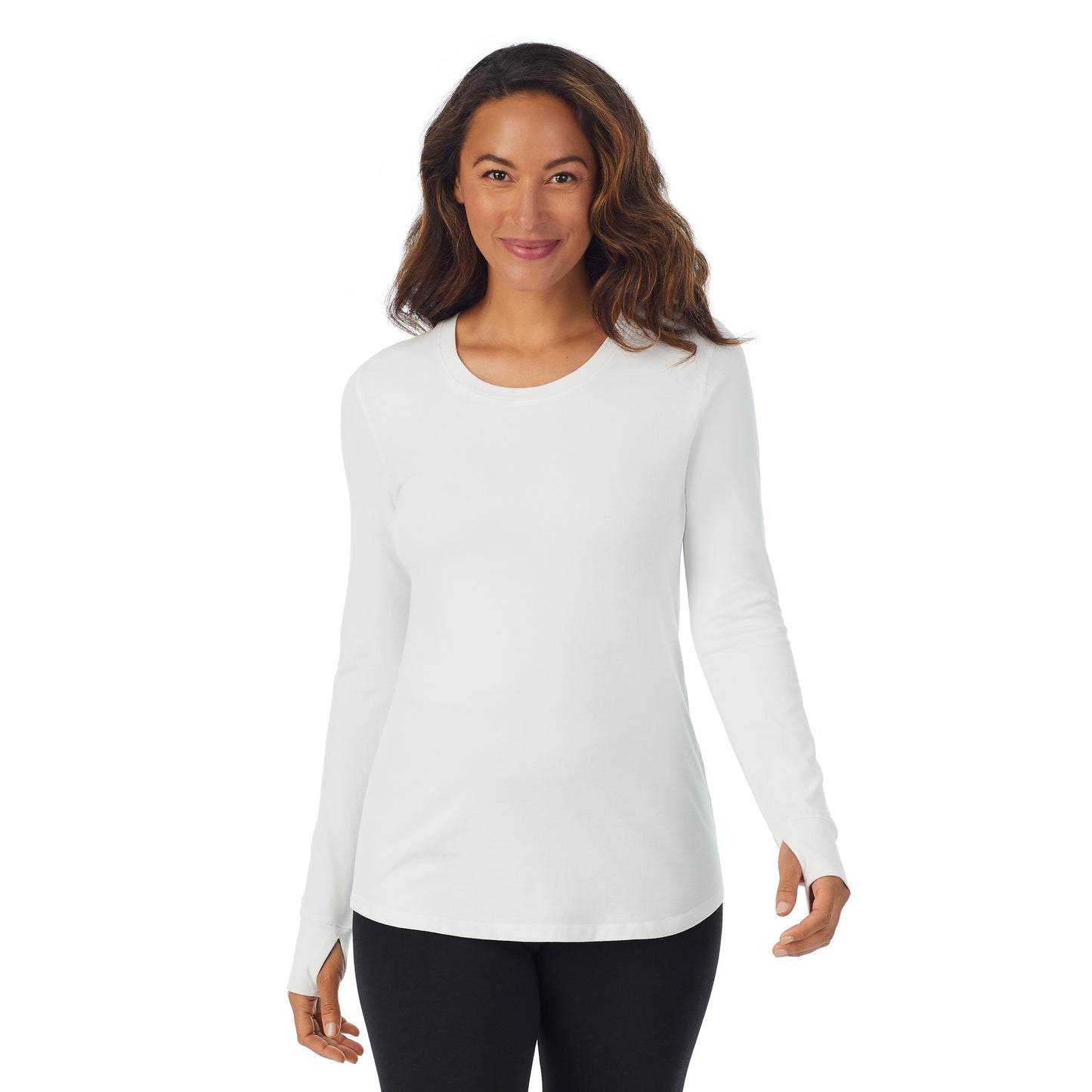 White; Model is wearing size S. She is 5'8", Bust 34", Waist 26”, Hips 36".@A lady wearing white cottonwear long sleeve scoop neck