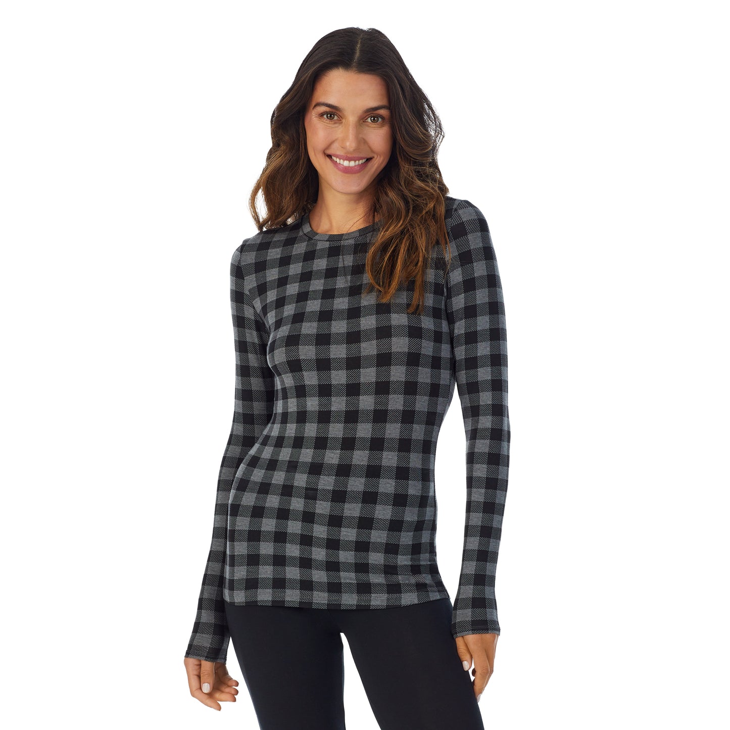 Grey Tonal Buffalo; Model is wearing size S. She is 5’9”, Bust 34”, Waist 25.5”, Hips 36.5”. @A lady wearing a Grey Tonal Buffalo long sleeve stretch crew.