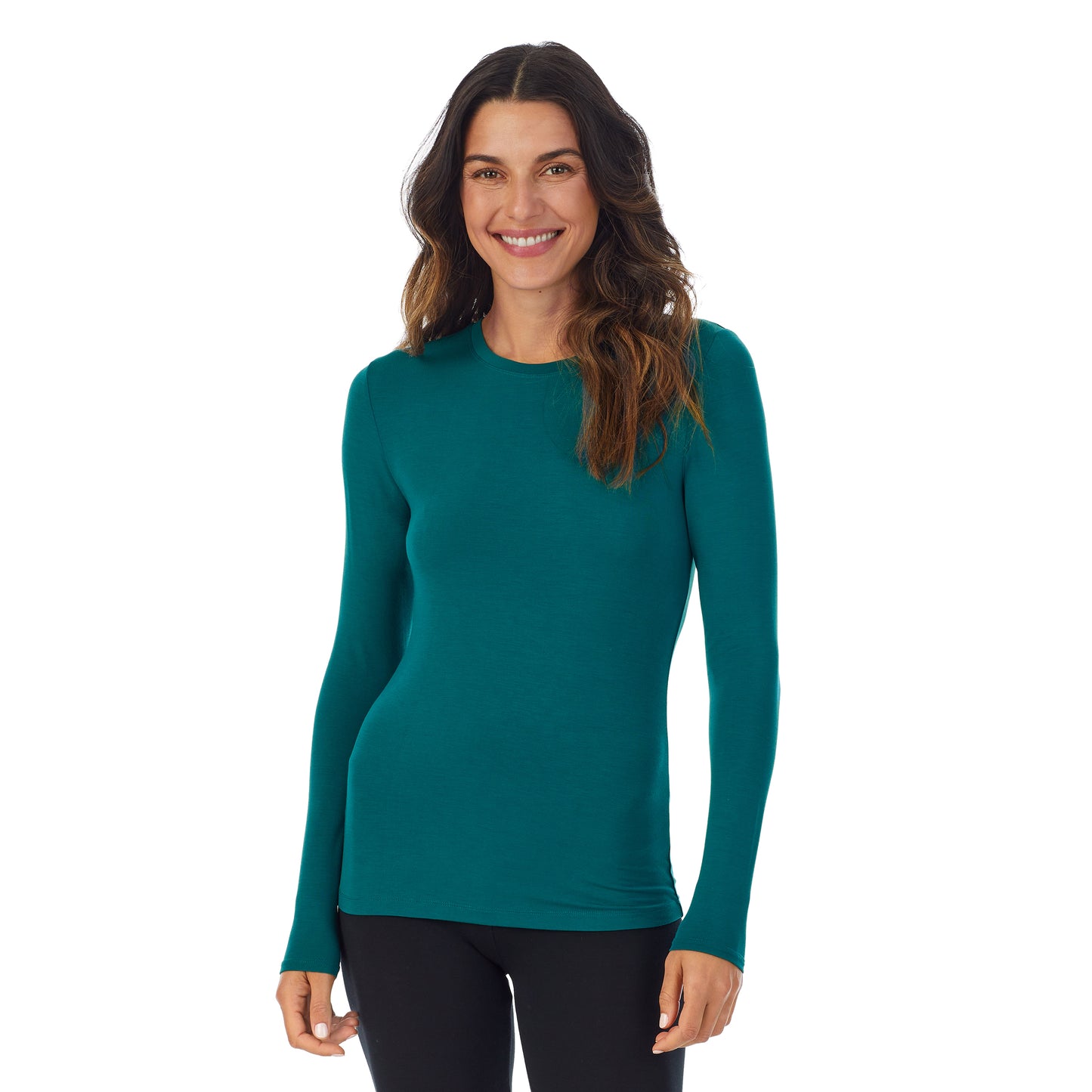 Teal Lagoon; Model is wearing size S. She is 5’9”, Bust 34”, Waist 25.5”, Hips 36.5”. @A lady wearing a Teal Lagoon long sleeve stretch crew.