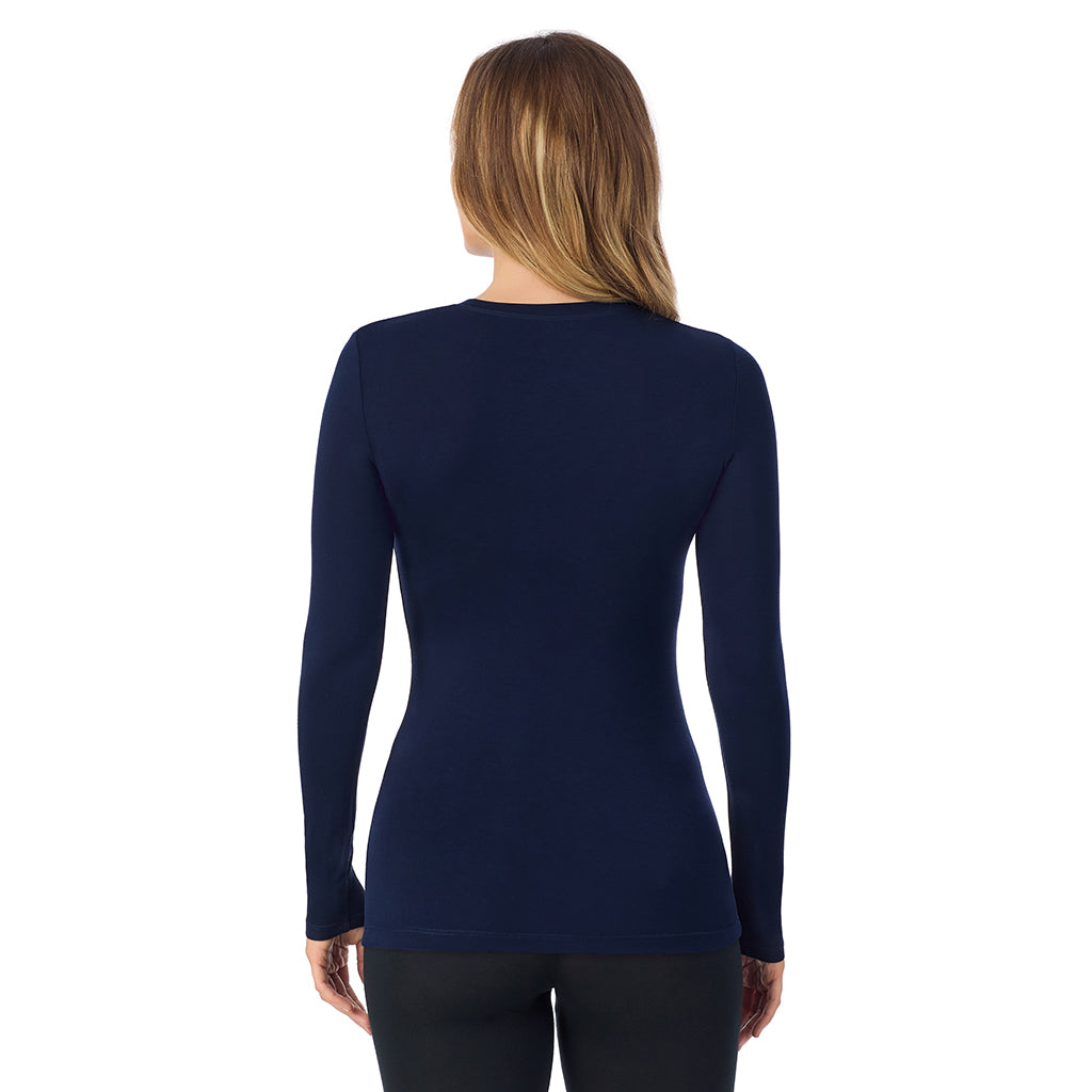 Navy Blazer; Model is wearing size S. She is 5’9”, Bust 34”, Waist 25.5”, Hips 36.5”. @A lady wearing a Navy Blazer long sleeve stretch crew.