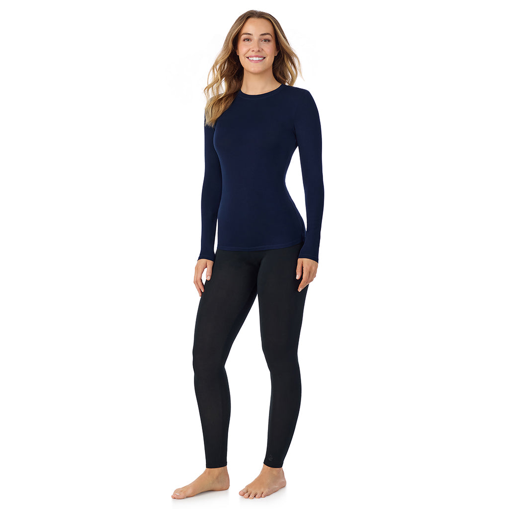 Navy Blazer; Model is wearing size S. She is 5’9”, Bust 34”, Waist 25.5”, Hips 36.5”. @A lady wearing a Navy Blazer long sleeve stretch crew.