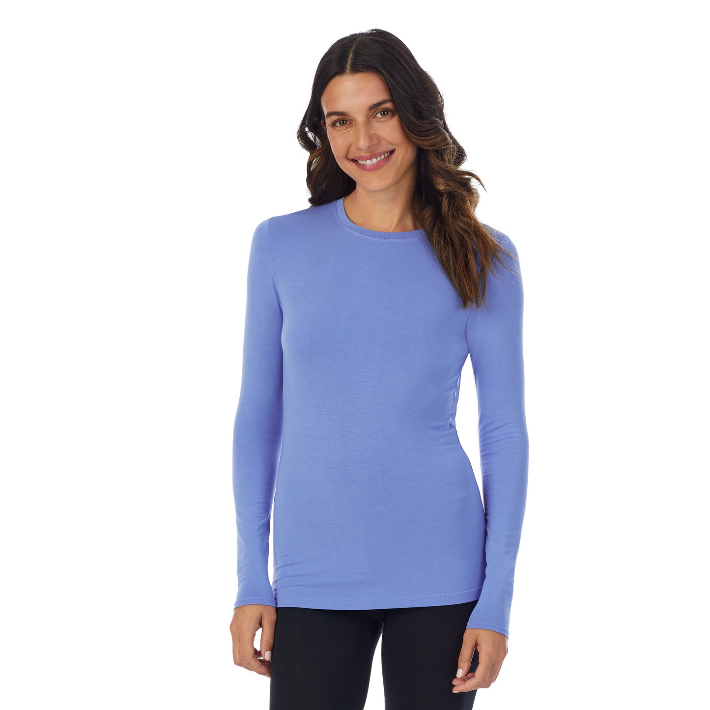 Ultramarine; Model is wearing size S. She is 5’9”, Bust 34”, Waist 25.5”, Hips 36.5”. @A lady wearing a Ultramarine long sleeve stretch crew.