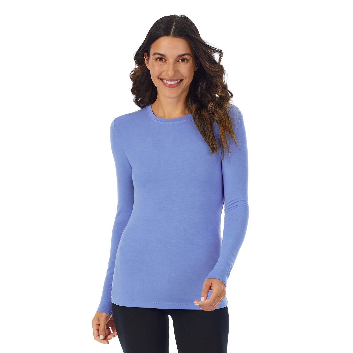 Ultramarine; Model is wearing size S. She is 5’9”, Bust 34”, Waist 25.5”, Hips 36.5”. @A lady wearing a Ultramarine long sleeve stretch crew.