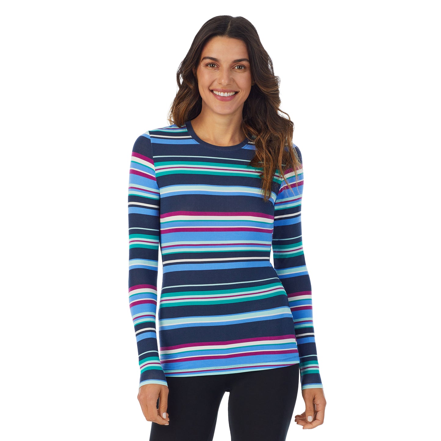 Multi Stripe; Model is wearing size S. She is 5’9”, Bust 34”, Waist 25.5”, Hips 36.5”. @A lady wearing a Multi Stripe long sleeve stretch crew.