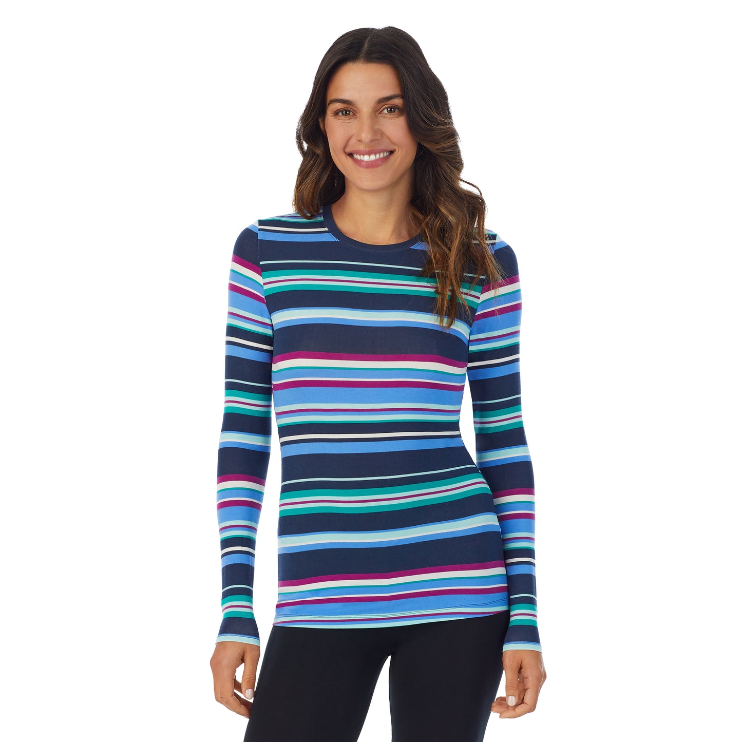 Multi Stripe; Model is wearing size S. She is 5’9”, Bust 34”, Waist 25.5”, Hips 36.5”. @A lady wearing a Multi Stripe long sleeve stretch crew.