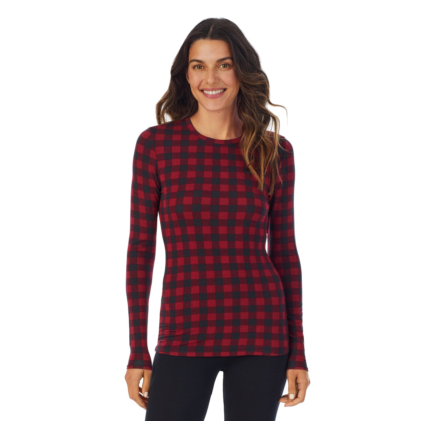 Red Buffalo; Model is wearing size S. She is 5’9”, Bust 34”, Waist 25.5”, Hips 36.5”. @A lady wearing a Red Buffalo long sleeve stretch crew.