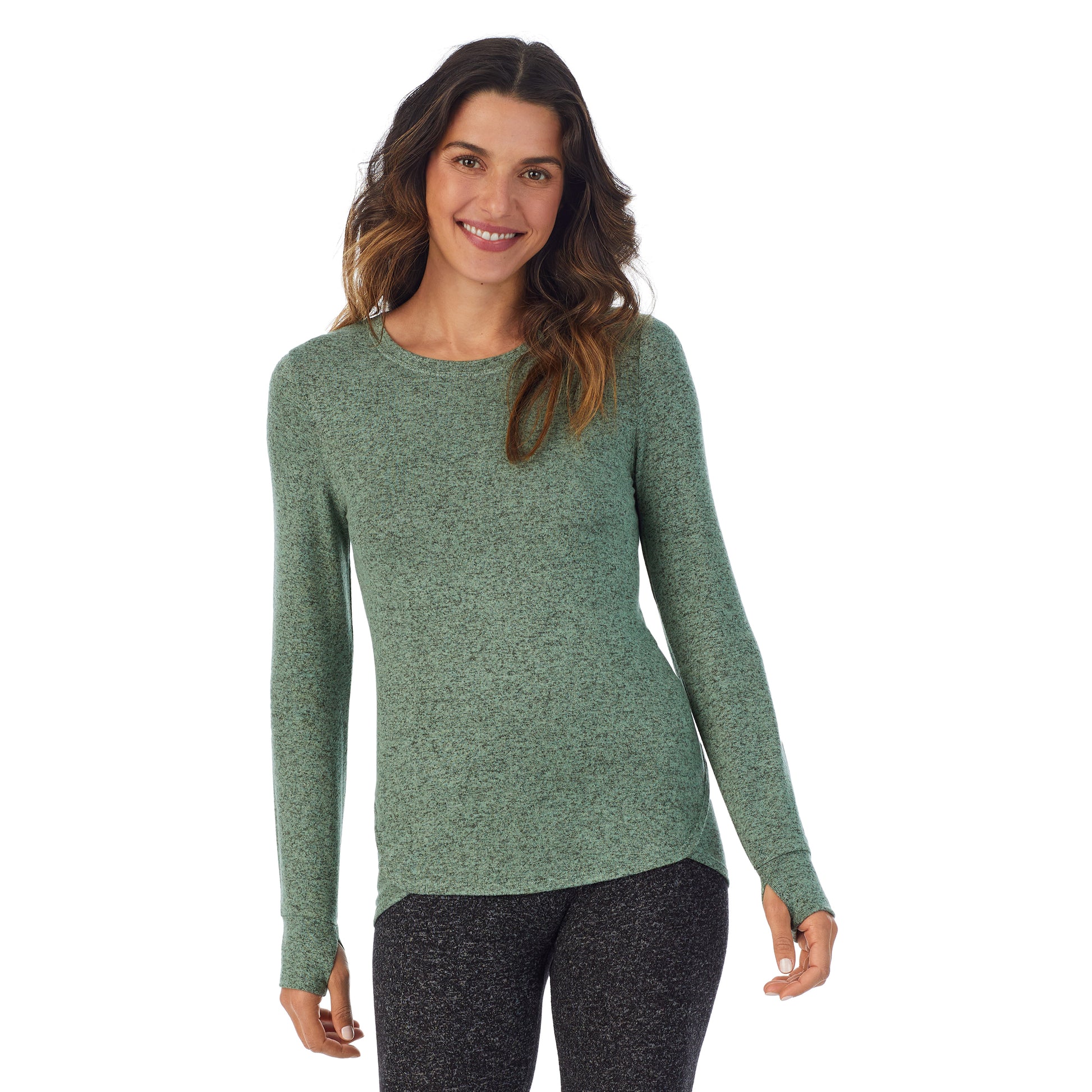A lady wearing a marled soft olive long sleeve crew.
