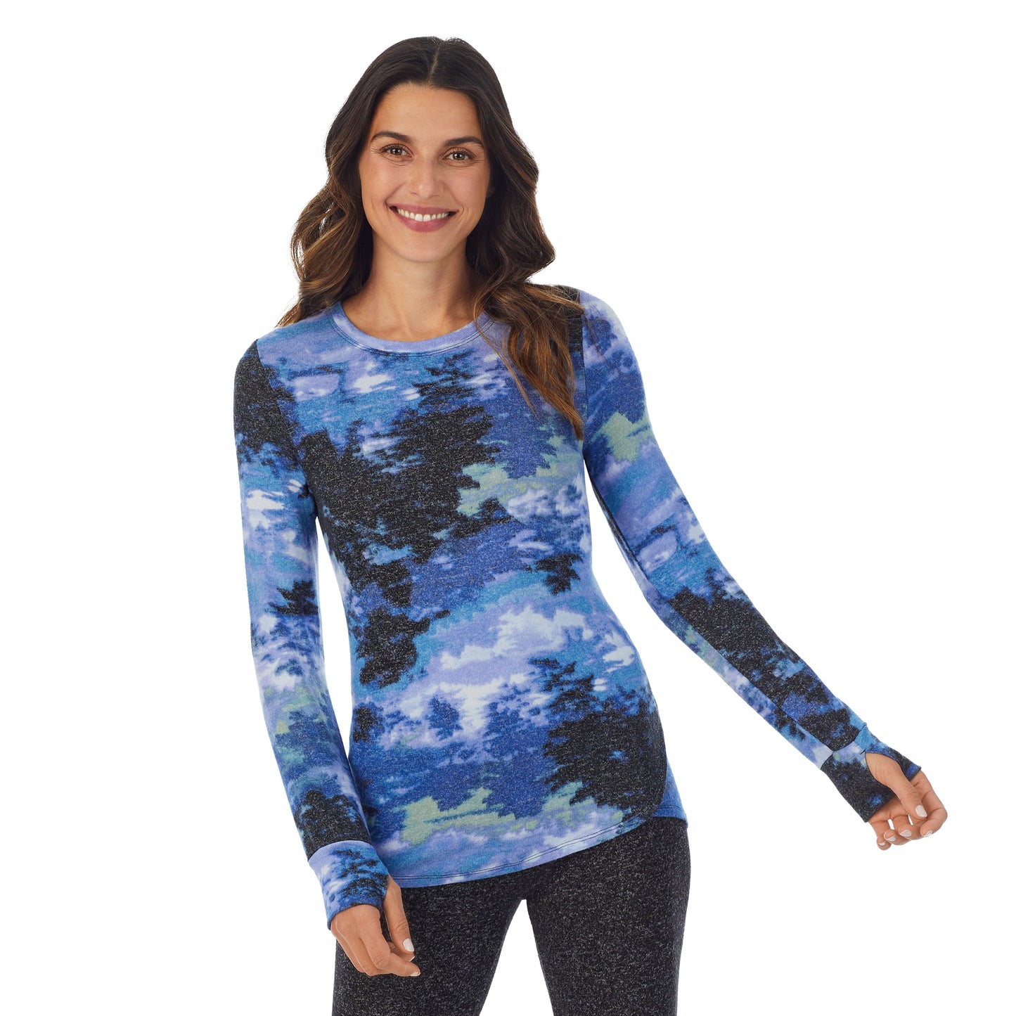 Misty Forest;Model is wearing size S. She is 5’9”, Bust 34”, Waist 25.5”, Hips 36.5” @A lady wearing a misty forest long sleeve crew.