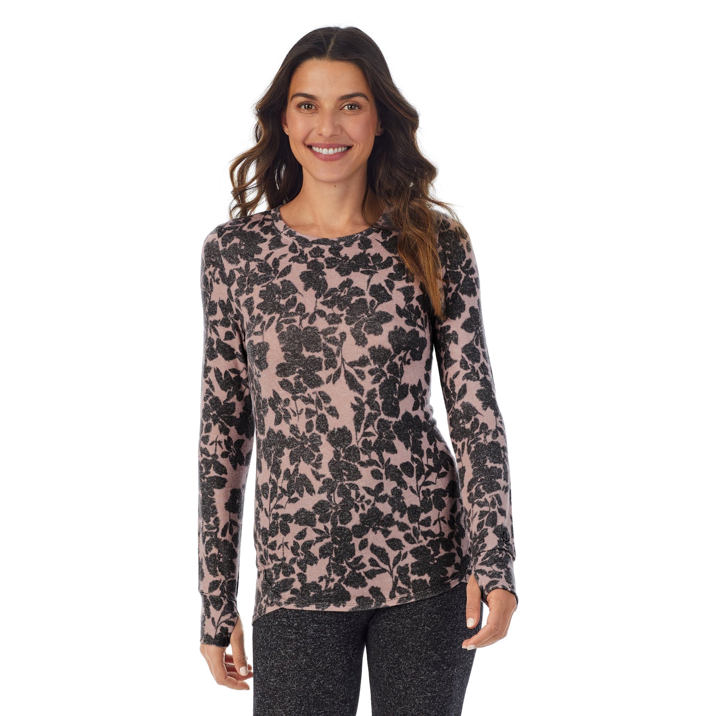 Mauve Floral;Model is wearing size S. She is 5’9”, Bust 34”, Waist 25.5”, Hips 36.5” @A lady wearing a Mauve floral long sleeve crew.