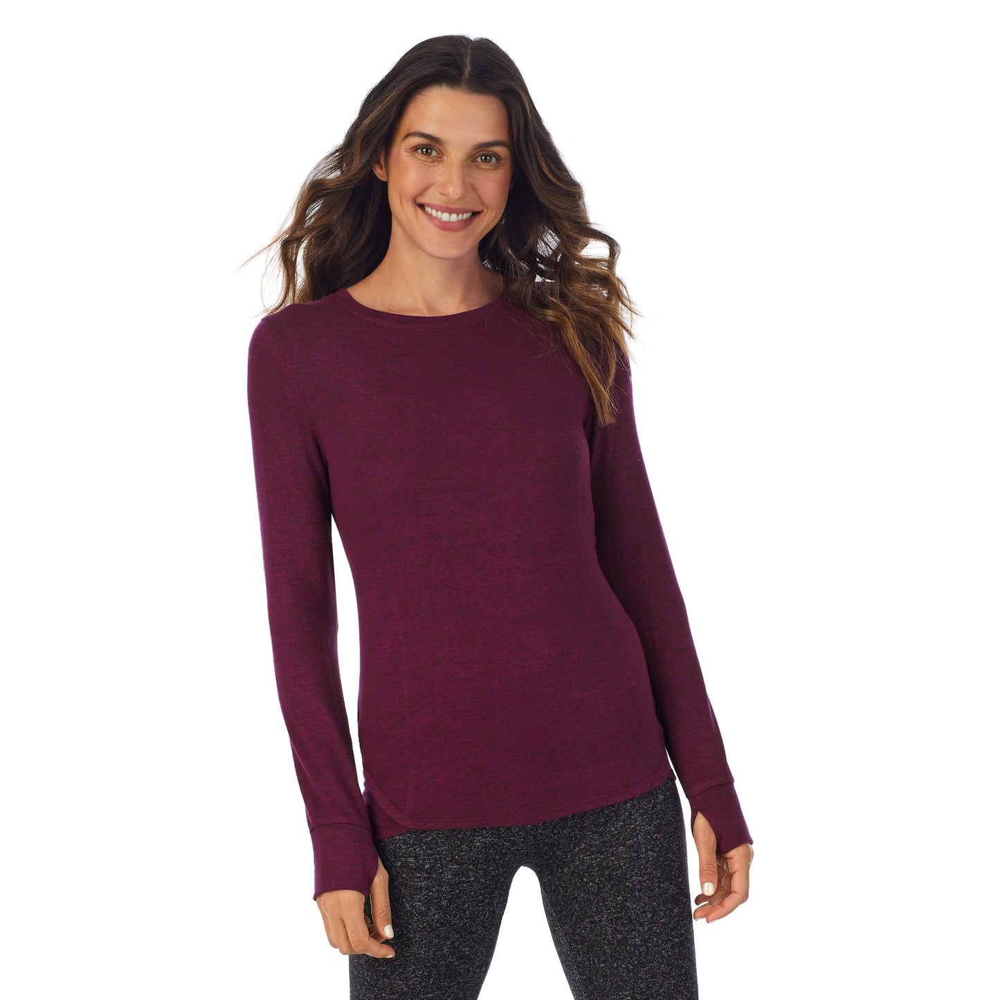 Marled Purple Beet;Model is wearing size S. She is 5’9”, Bust 34”, Waist 25.5”, Hips 36.5” @A lady wearing a marled purple beet long sleeve crew.