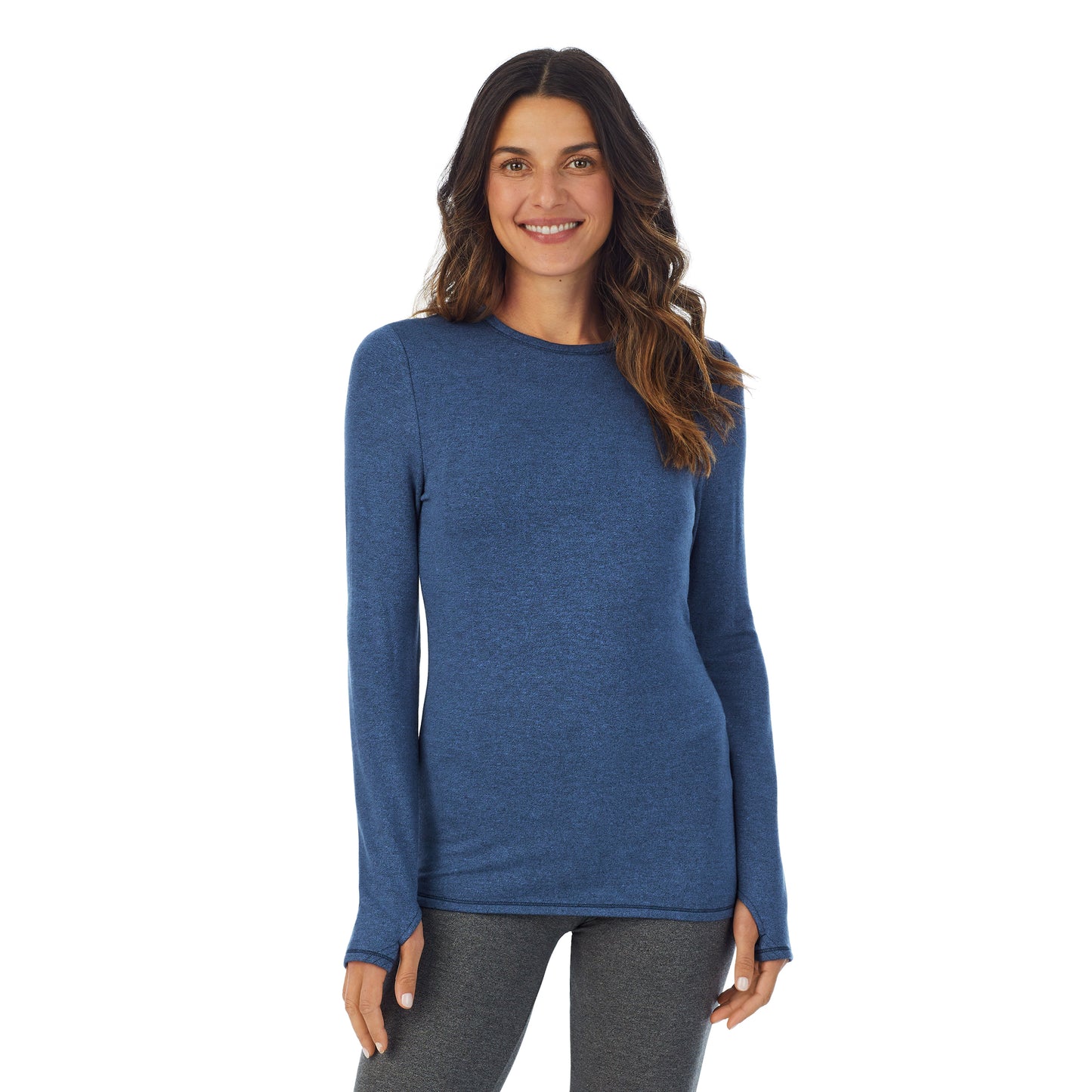 Ultramarine Heather; Model is wearing size S. She is 5’9”, Bust 34”, Waist 25.5”, Hips 36.5”. @A lady wearing a Ultramarine Heather long sleeve crew.