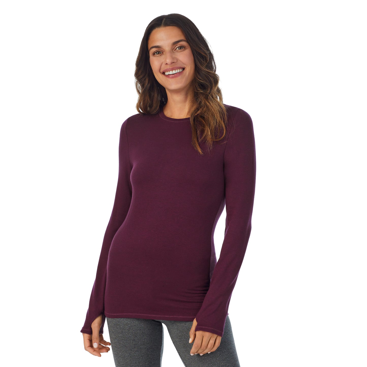 Purple Beet Heather; Model is wearing size S. She is 5’9”, Bust 34”, Waist 25.5”, Hips 36.5”. @A lady wearing a Purple Beet Heather long sleeve crew.