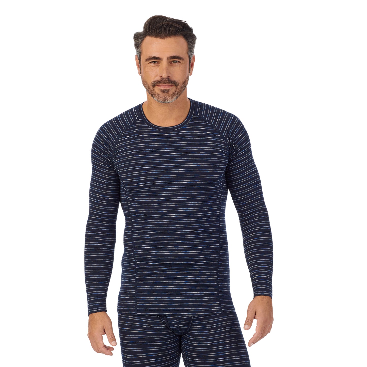 Blue Stripe; Model is wearing size M. He is 6'2", Waist 32", Inseam 34".@A man wearing Blue Stripe long sleeve crew t-shirt !88% Polyester, 12% Spandex!