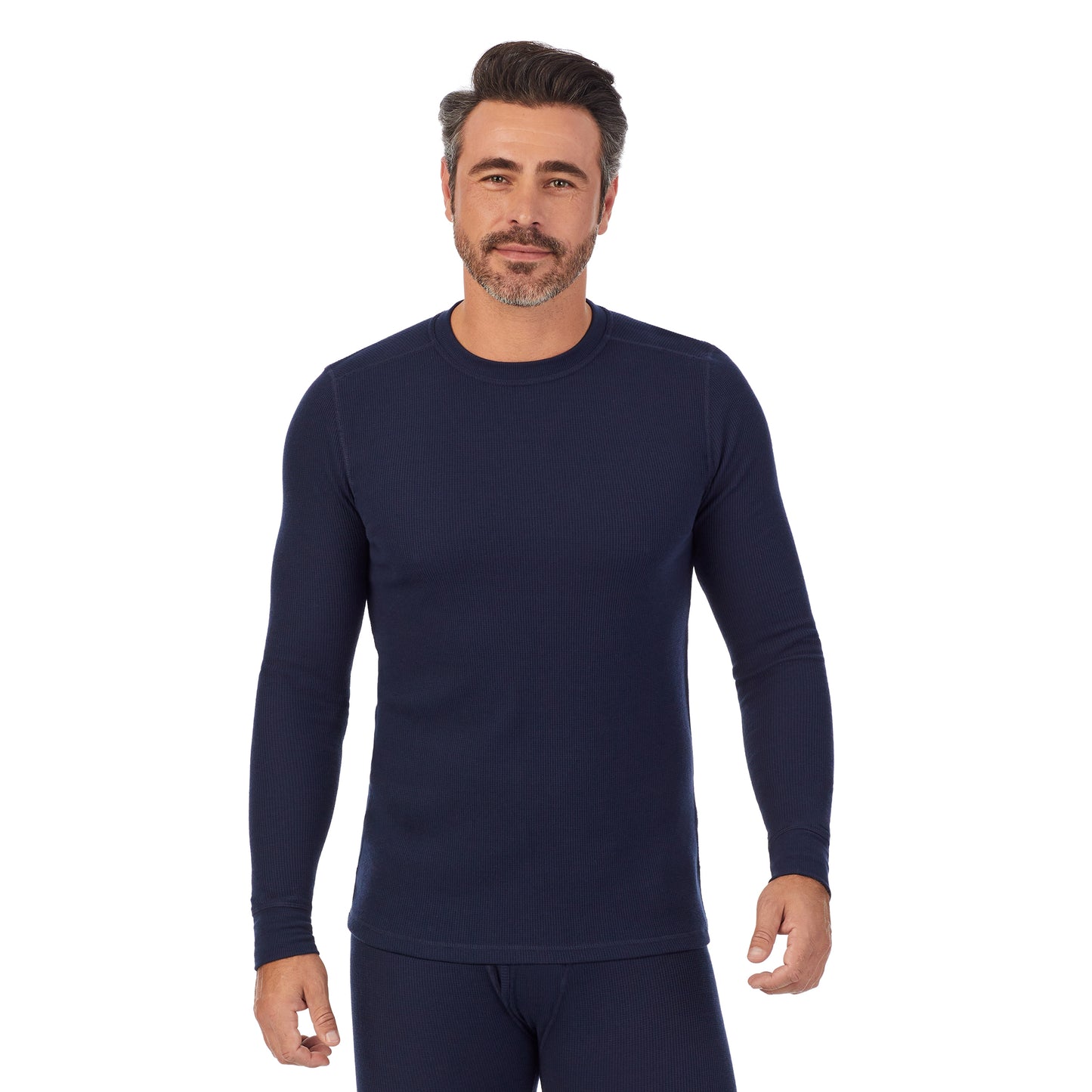 Navy Blazer; Model is wearing size M. He is 6'2", Waist 32", Inseam 34". @A man wearing a Navy Blazer waffle thermal long sleeve crew.